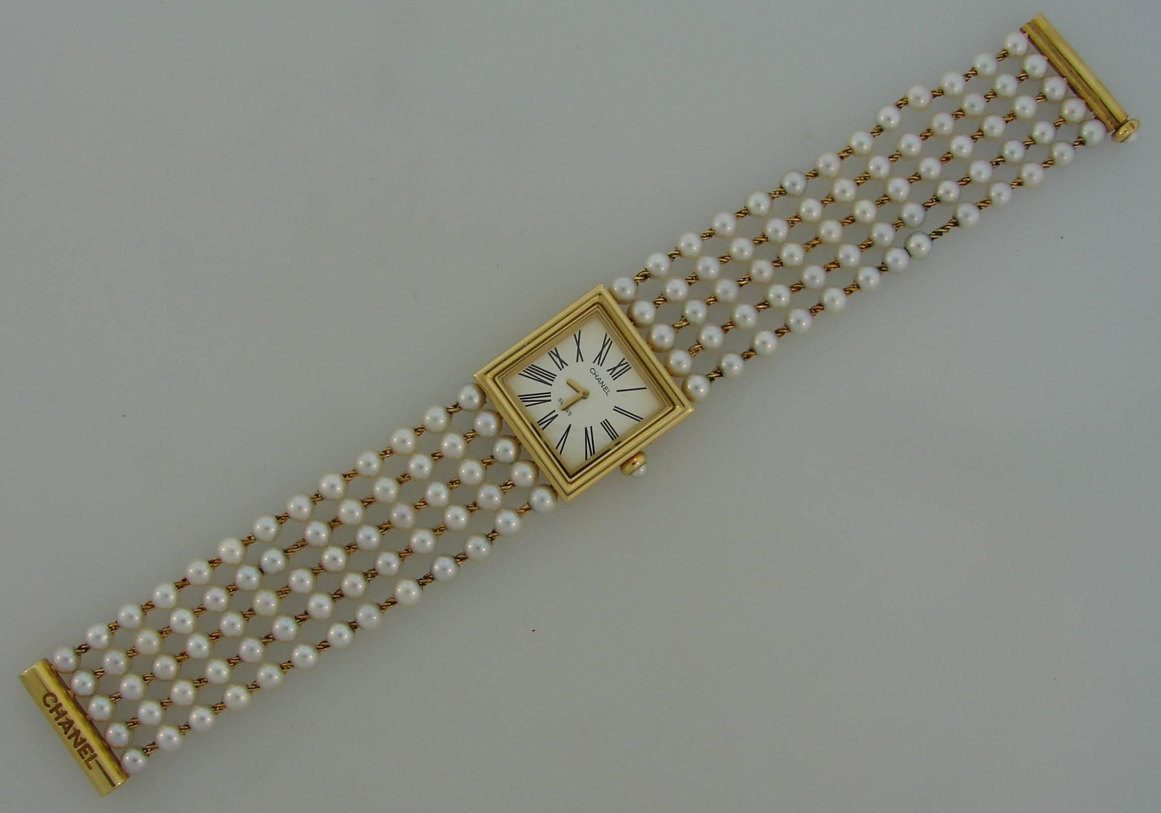 Chanel Ladies Yellow Gold Pearl Mademoiselle Bracelet Wristwatch 1