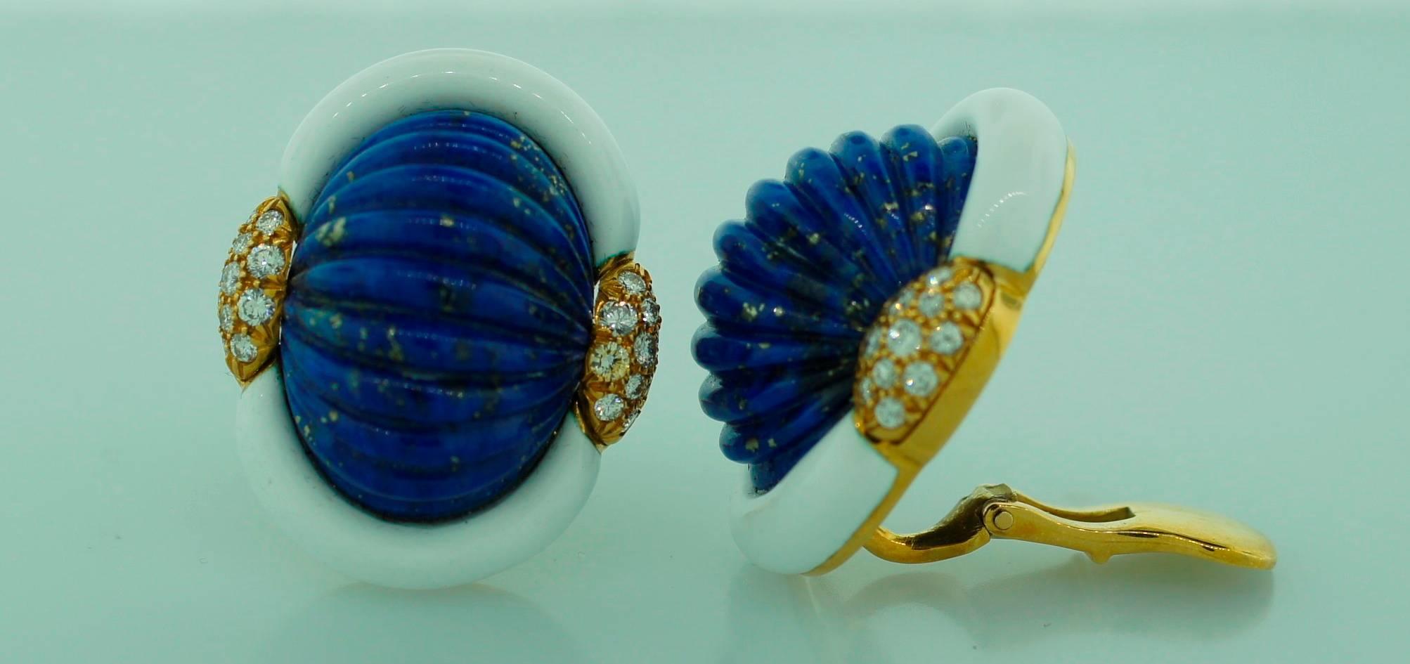 Mixed Cut Vintage A. Clunn Lapis Lazuli 18k Yellow Gold Earrings Enamel Diamond For Sale