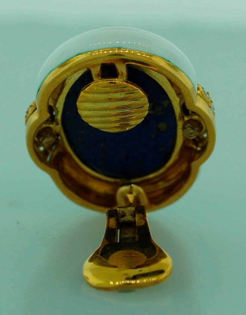 A. Clunn Boucles d'oreilles vintage en or jaune 18 carats, lapis-lazuli, émail et diamants en vente 2
