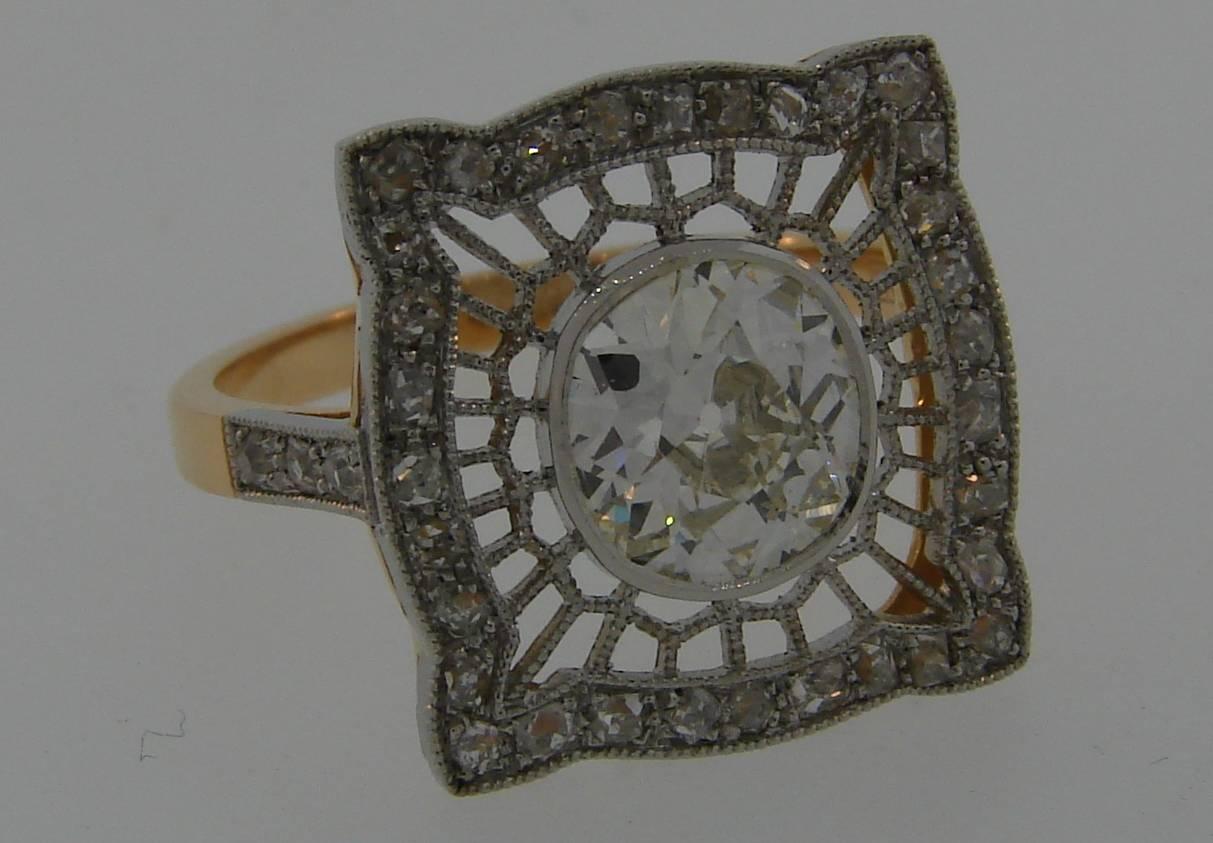 1960s Edwardian Revival Diamond Platinum Gold Ring In Excellent Condition In Beverly Hills, CA