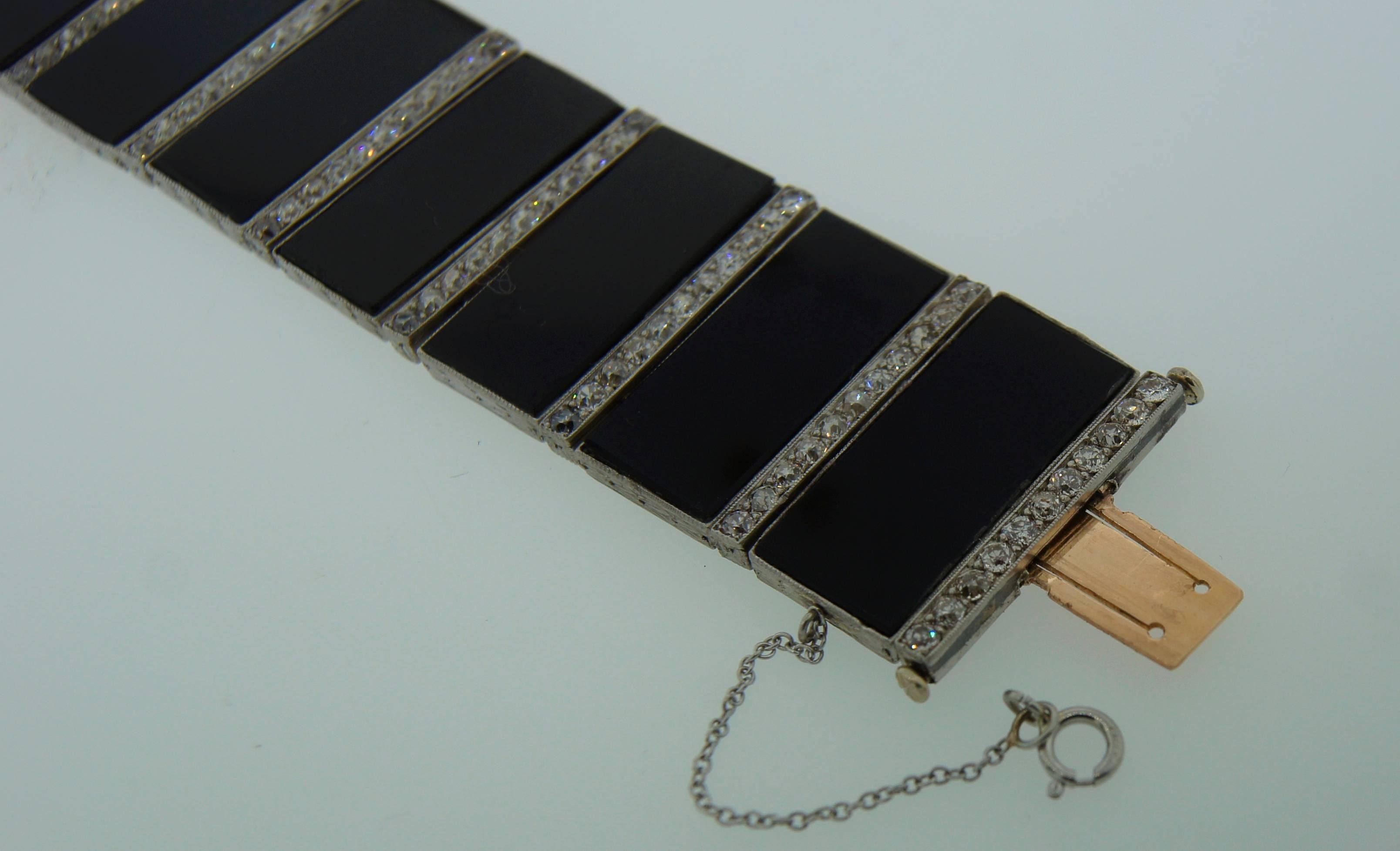 1910s Art Deco Black Onyx Diamond Platinum Bracelet 2