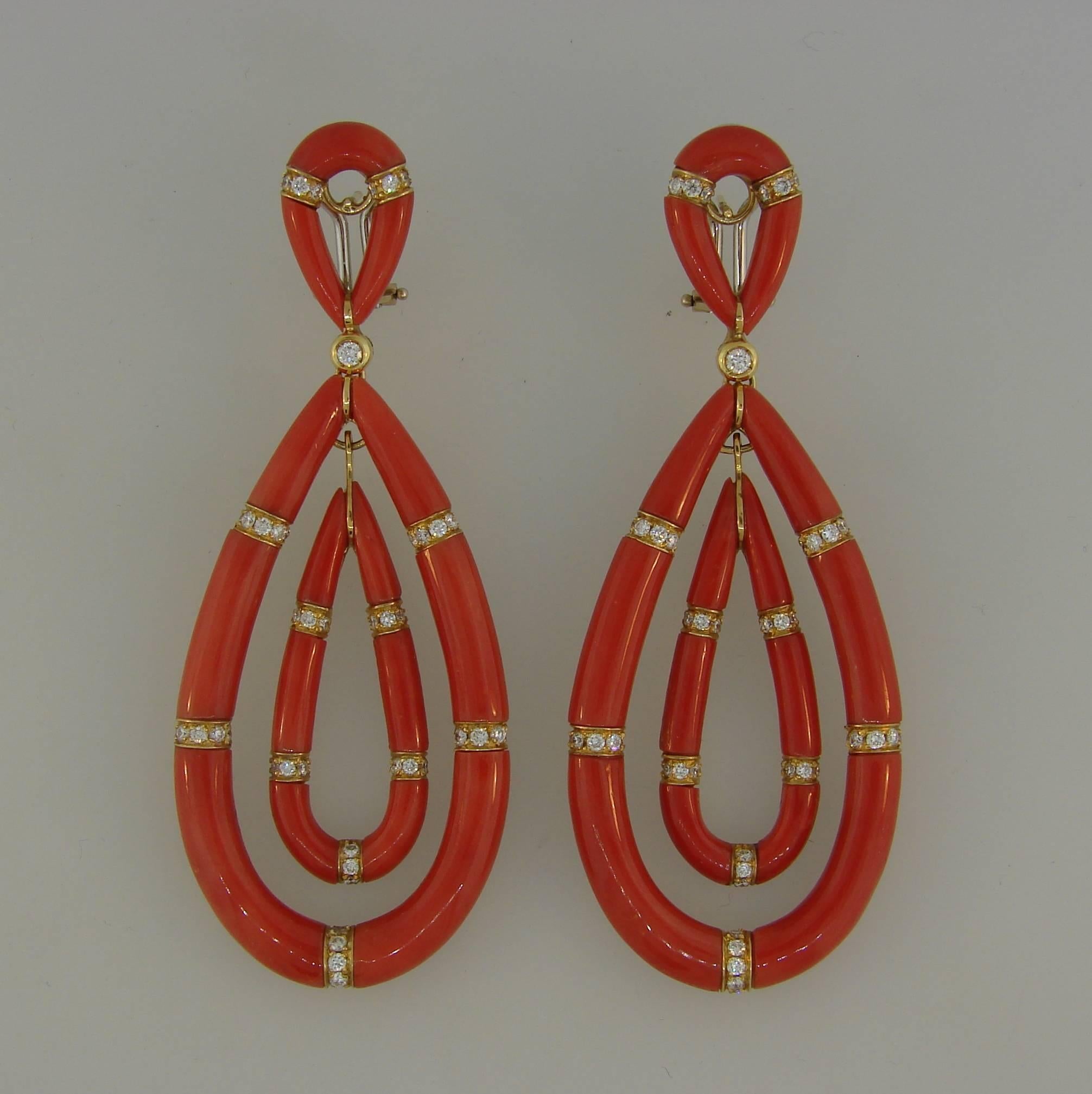 Women's 1970s Mediterranean Coral Diamond Gold Earrings