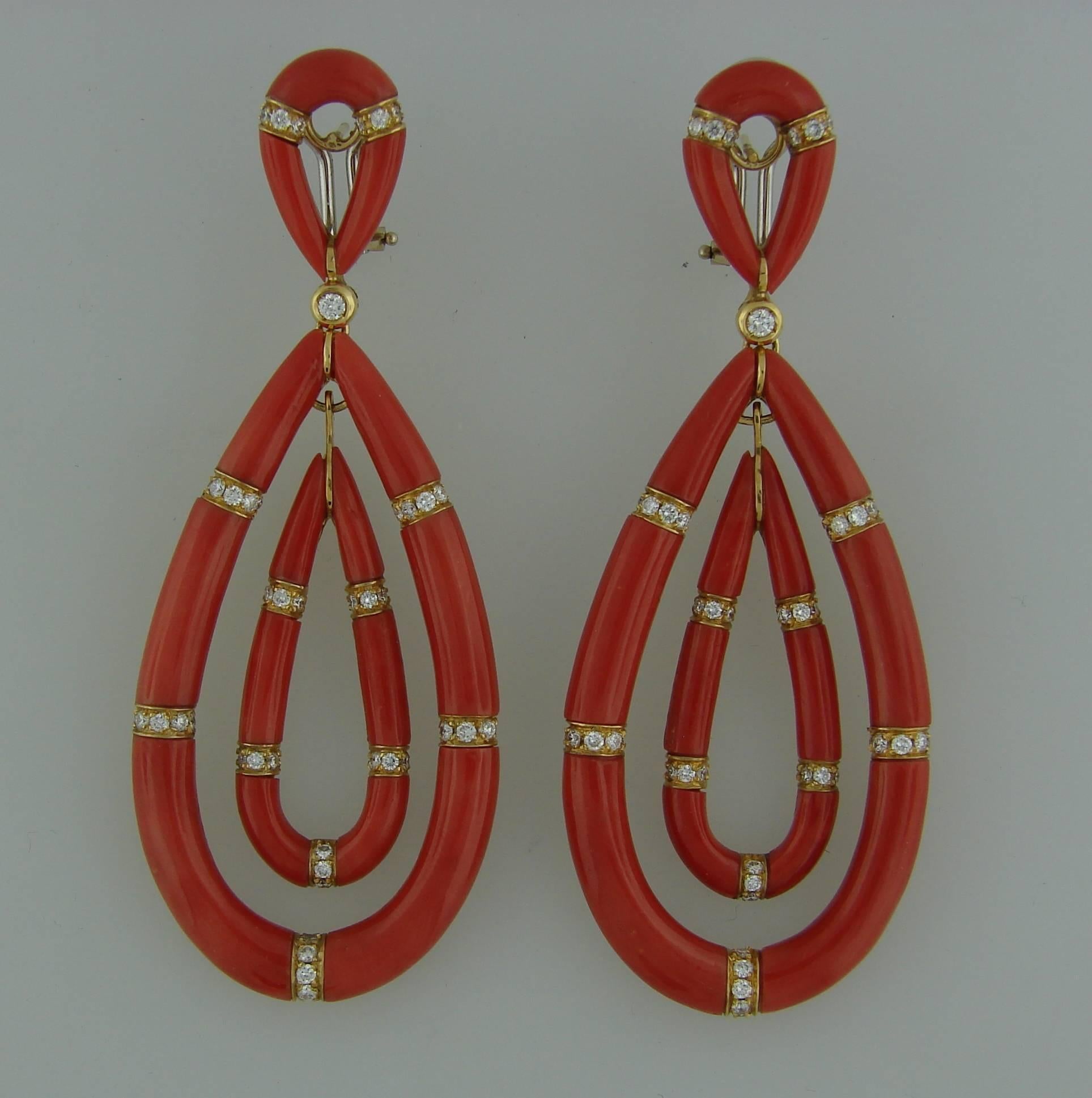1970s Mediterranean Coral Diamond Gold Earrings In Excellent Condition In Beverly Hills, CA
