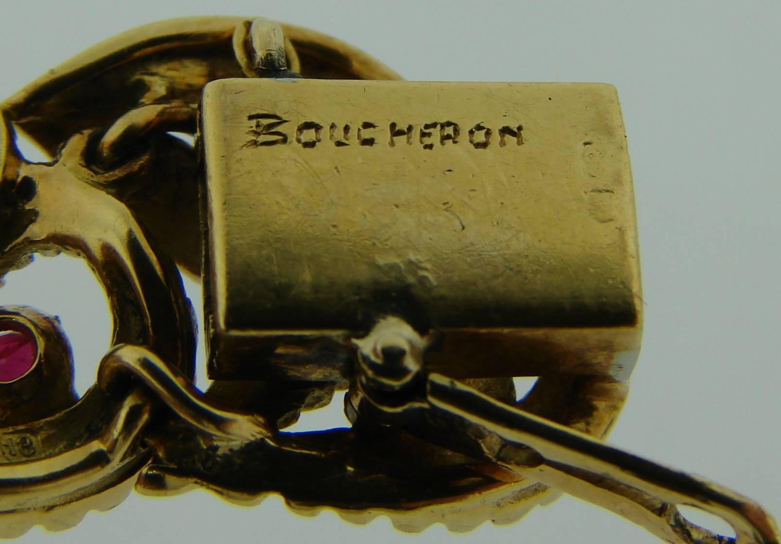 1950s Boucheron Ruby Diamond Gold Leaf Motif Bracelet 3