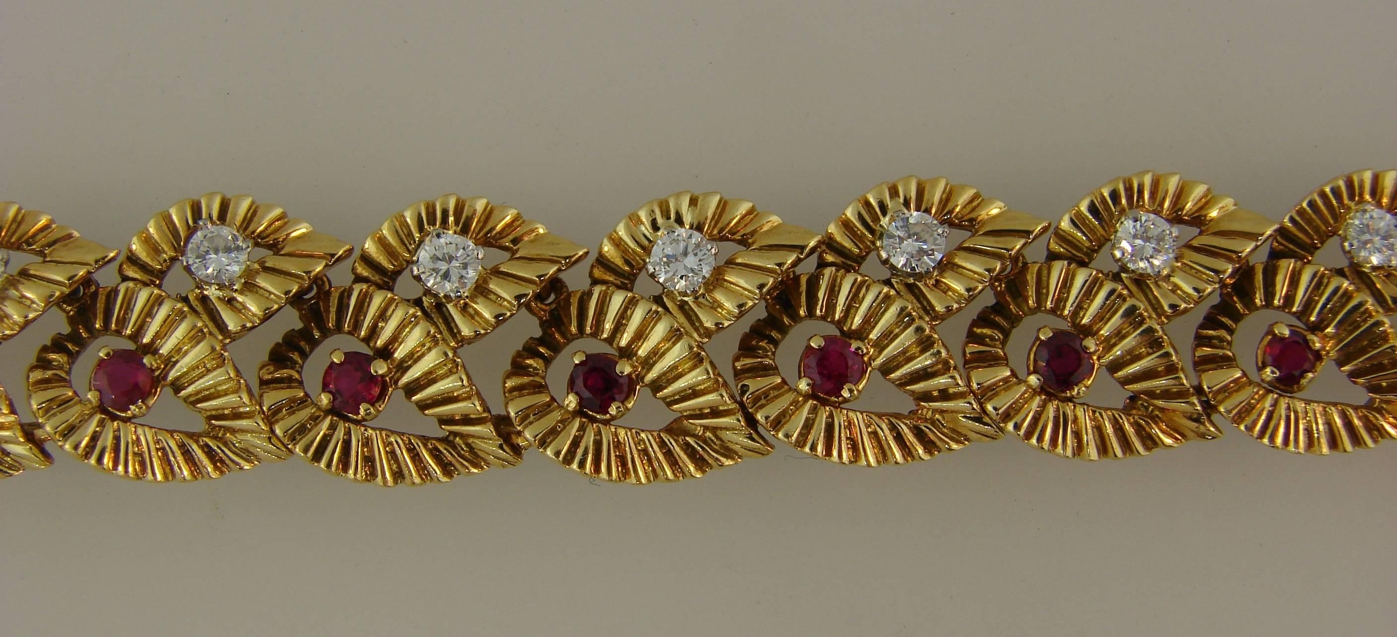 Women's 1950s Boucheron Ruby Diamond Gold Leaf Motif Bracelet