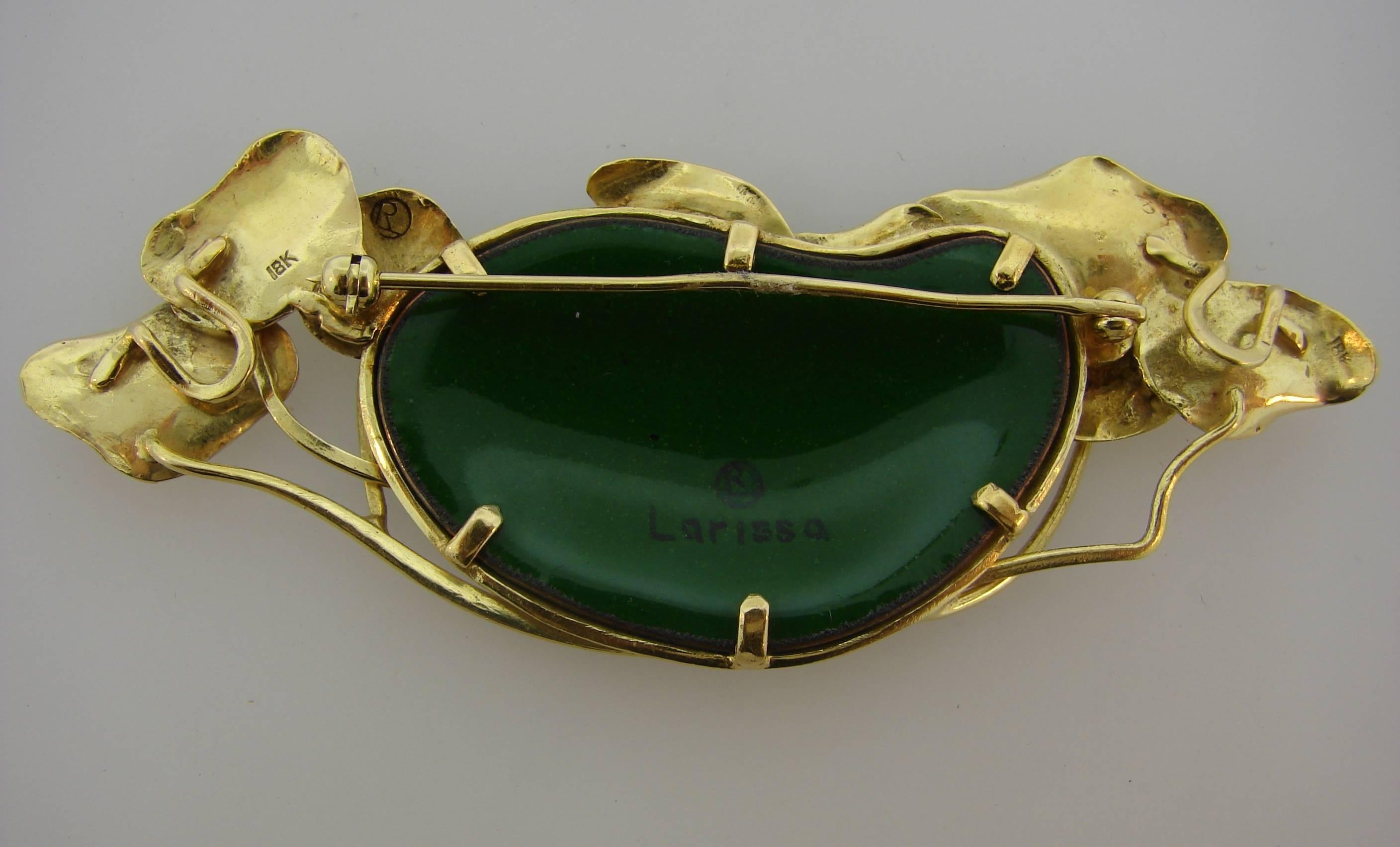 Women's or Men's Art Nouveau Revival Miniature Painted Enamel Gold Pin Brooch Clip