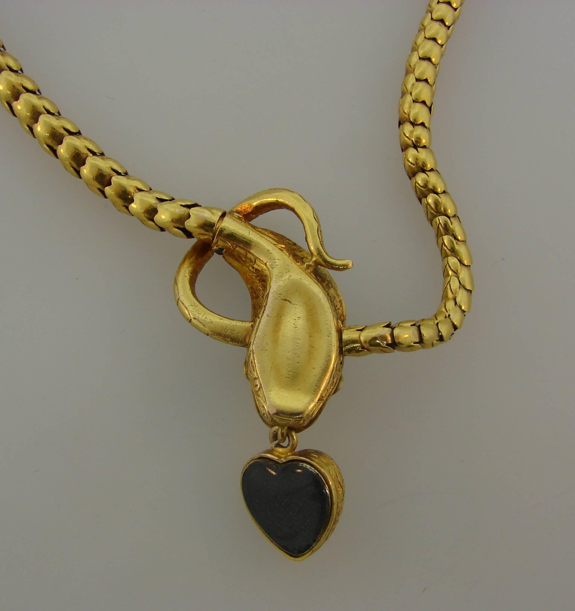 Women's 1900s Victorian Turquoise Diamond Gold Snake Necklace with Heart Locket