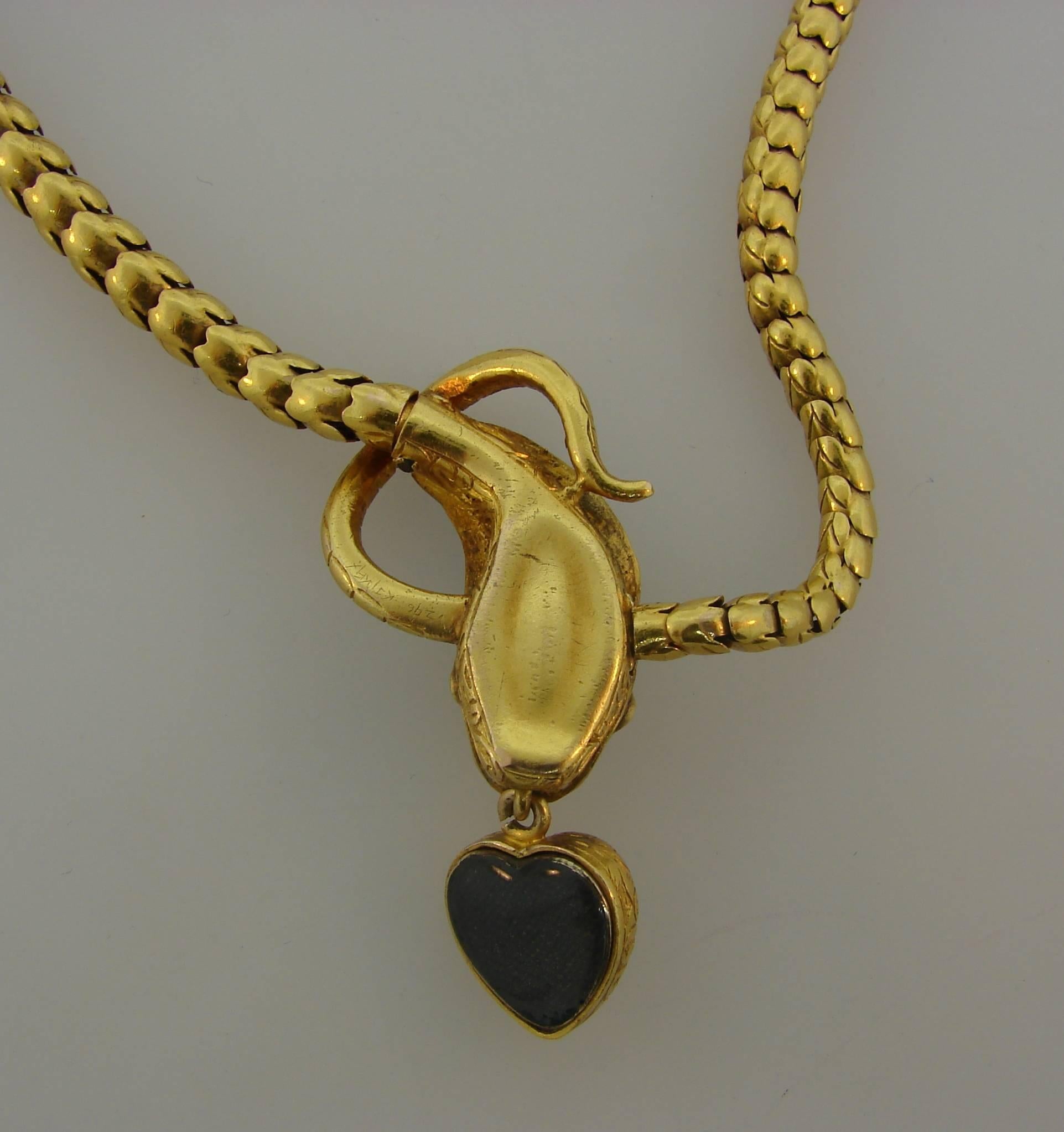 collier victorien 1900s Turquoise Diamant Or Serpent avec médaillon coeur 2