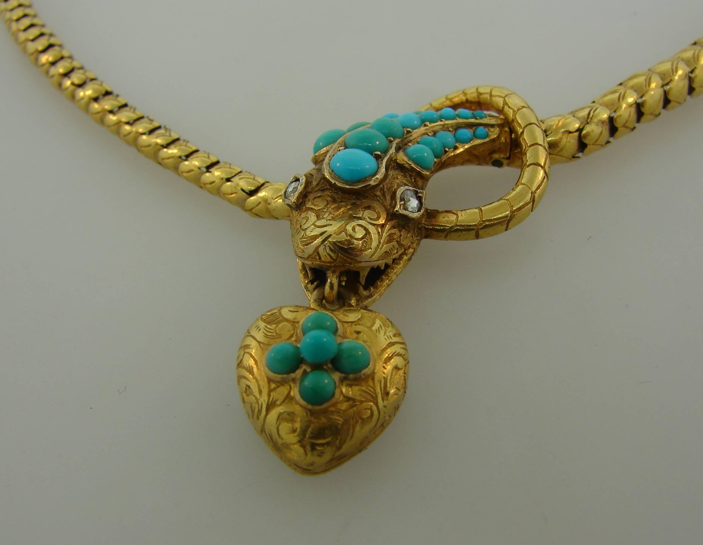 1900s Victorian Turquoise Diamond Gold Snake Necklace with Heart Locket 1
