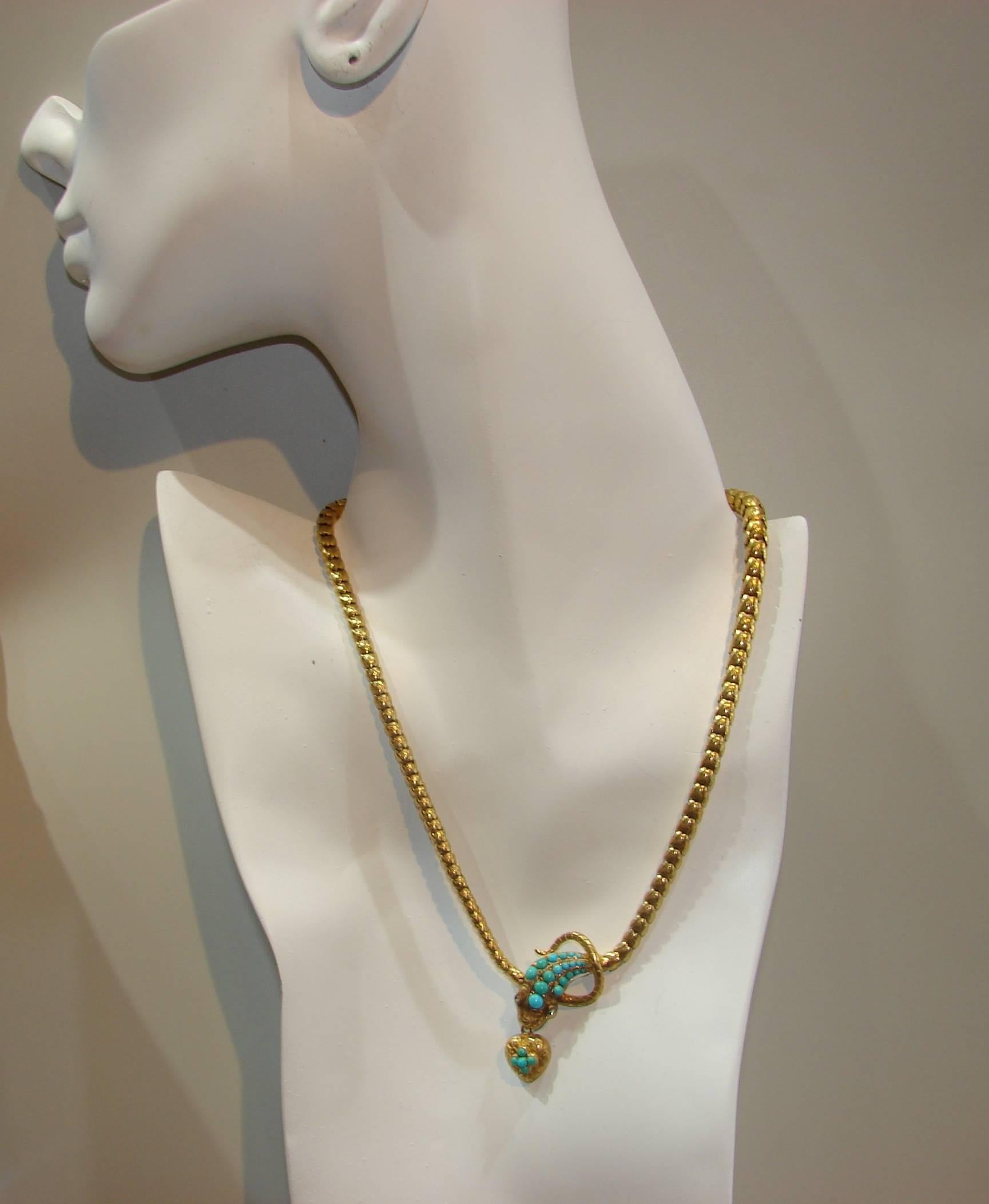 1900s Victorian Turquoise Diamond Gold Snake Necklace with Heart Locket 3