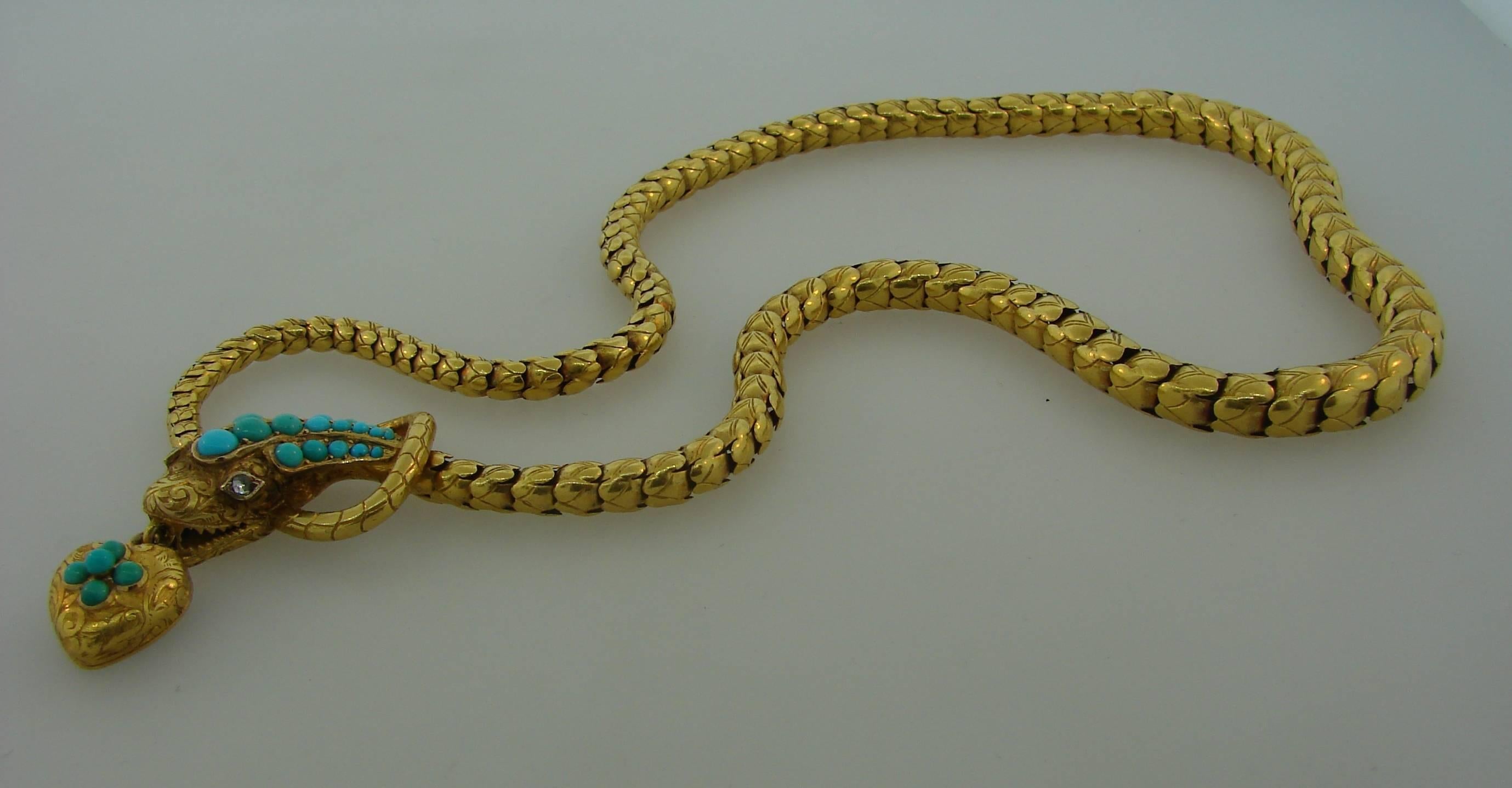 1900s Victorian Turquoise Diamond Gold Snake Necklace with Heart Locket 2