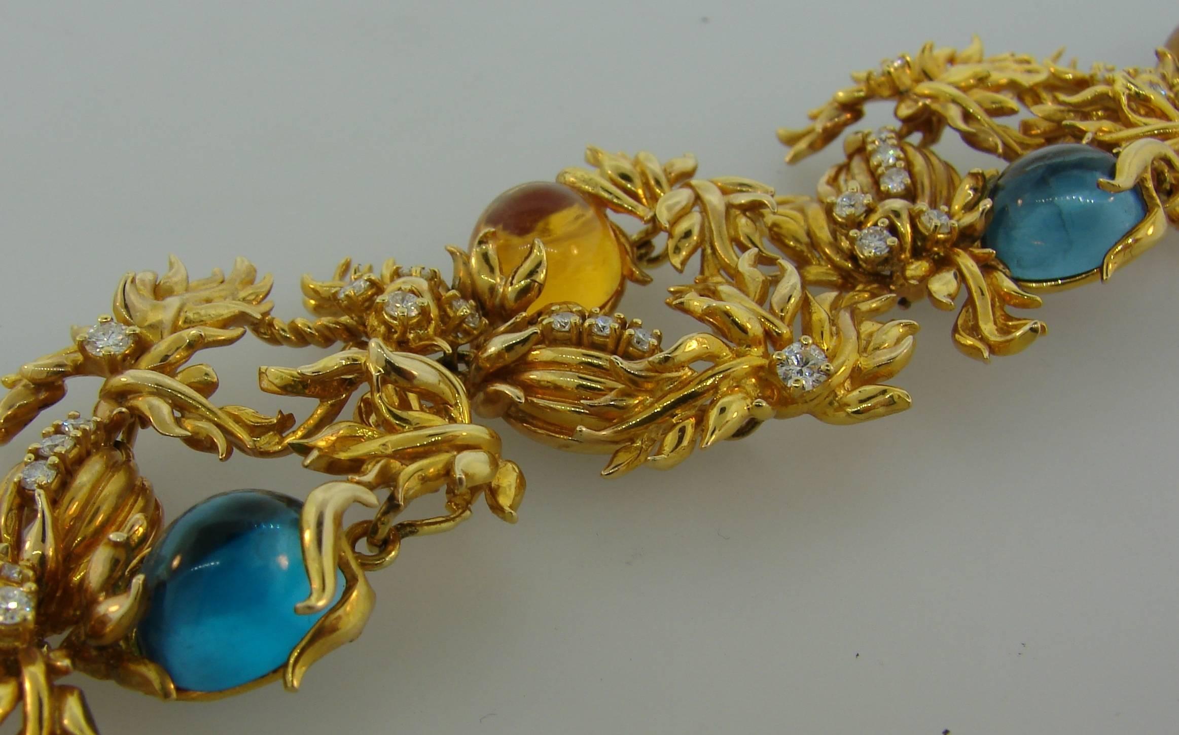 1980s Cartier A. Cipullo Citrine Topaz Diamond Gold Floral Motif Bracelet In Excellent Condition For Sale In Beverly Hills, CA