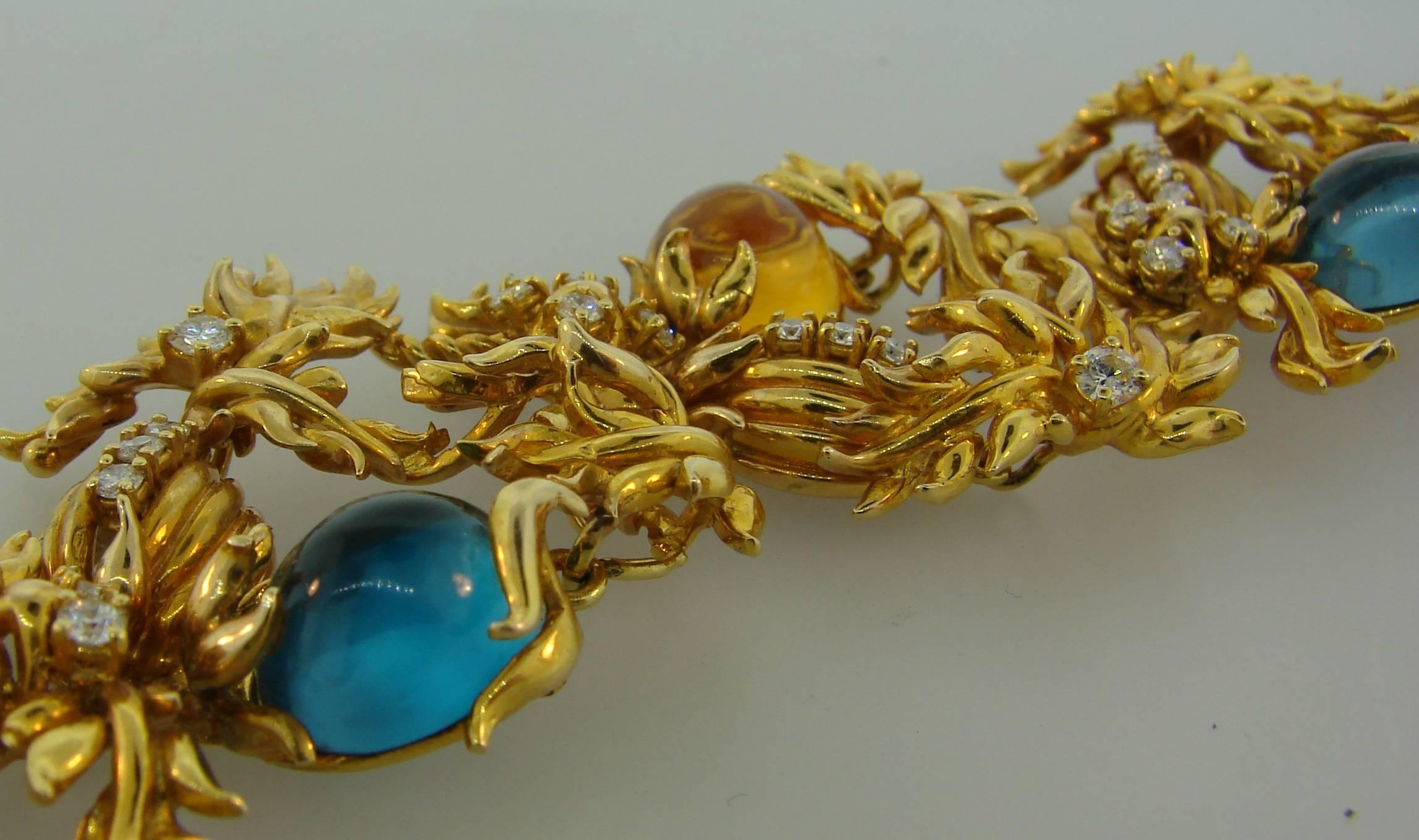 Women's 1980s Cartier A. Cipullo Citrine Topaz Diamond Gold Floral Motif Bracelet For Sale