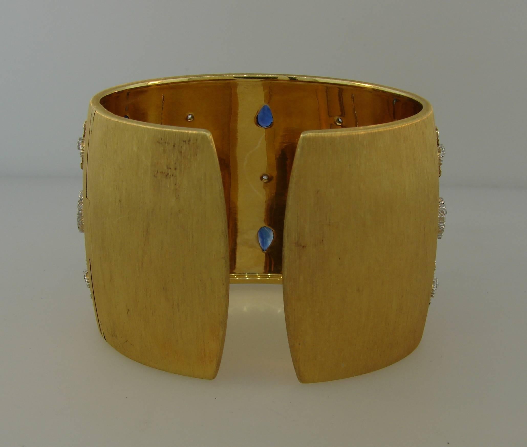 Mario Buccellati Sapphire Diamond Gold Cuff Bracelet In Excellent Condition In Beverly Hills, CA