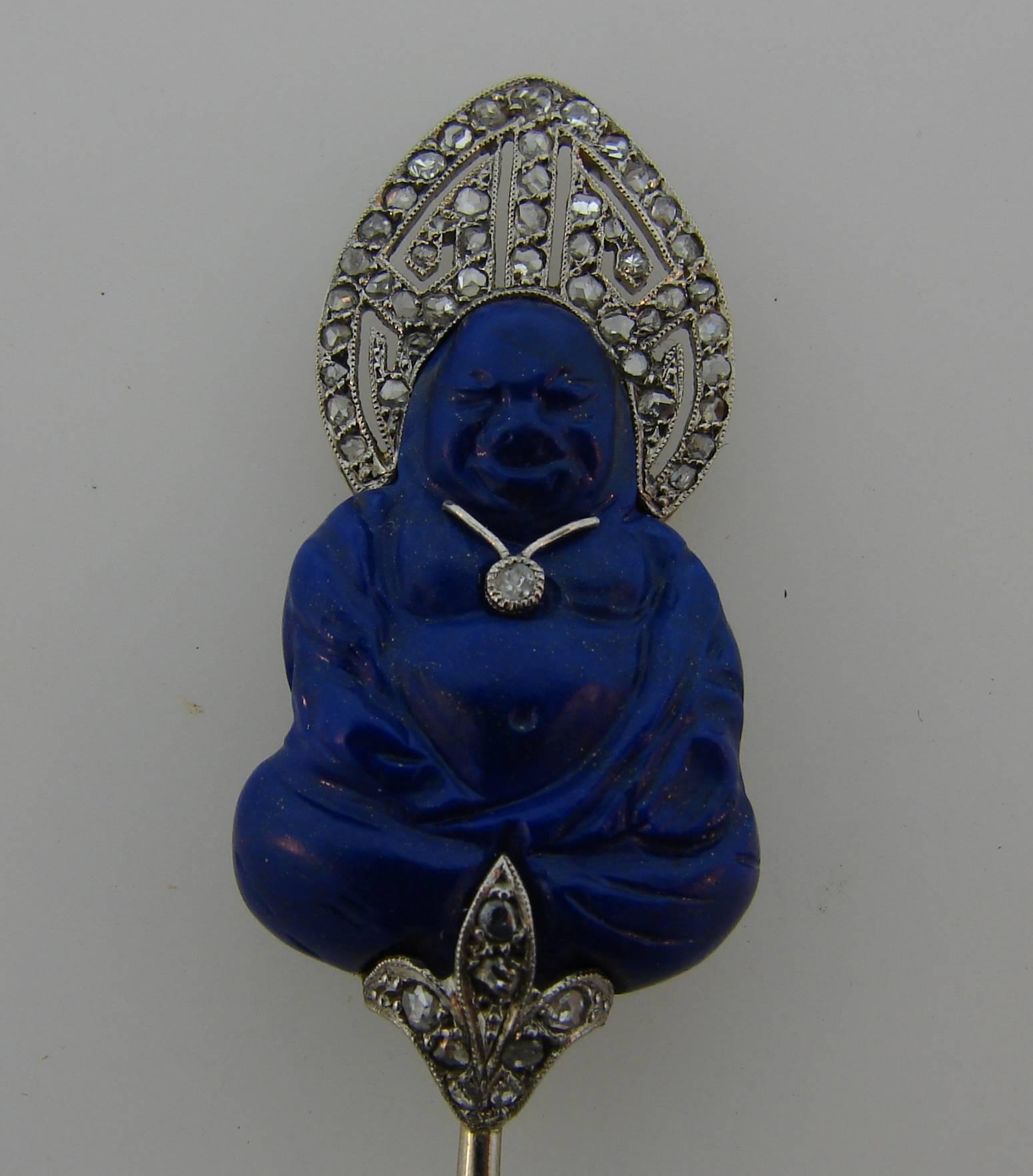 Fabulous Buddha stick pin created by Lacloche Freres in France in the 1910's. Delicate and very chic piece of jewelry. It makes a stylish accent on any outfit and accentuates your refined taste. The pin is a great addition to your jewelry