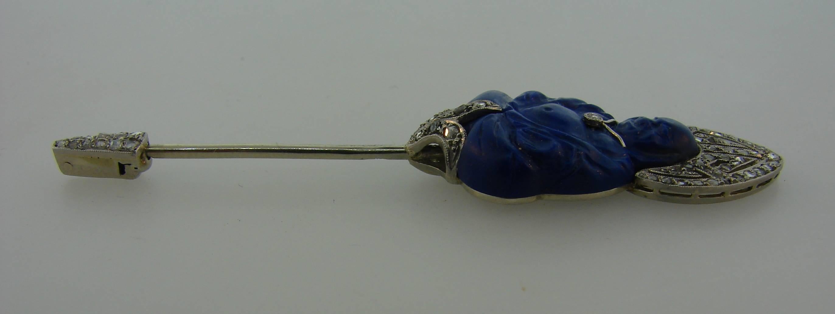 Art Deco Lacloche Freres Lapis Lazuli Diamond  Buddha Stick Pin Brooch In Excellent Condition In Beverly Hills, CA