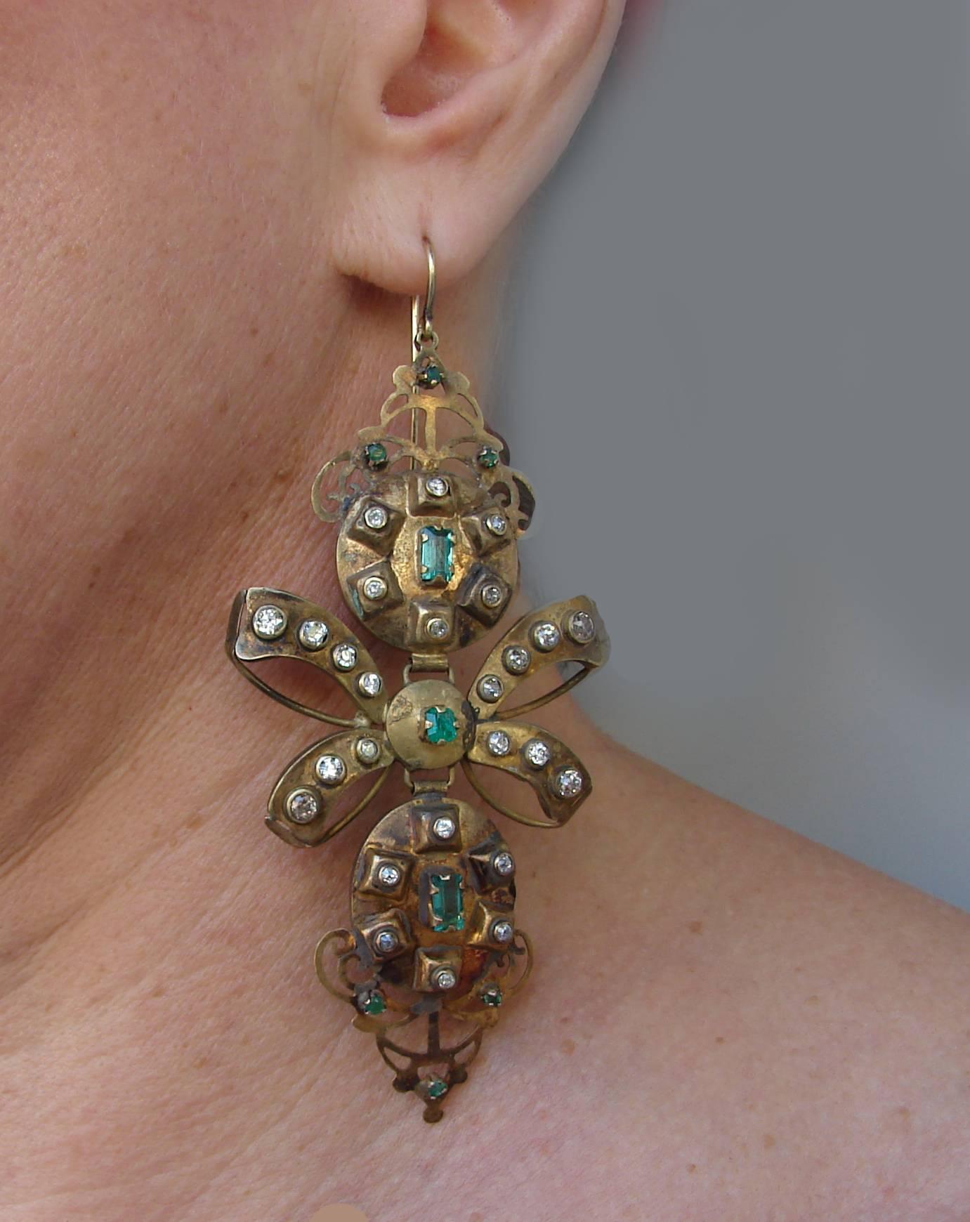 Iberian Antique Emerald Diamond Gold Chandelier Earrings 2