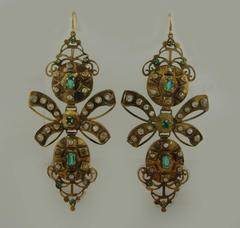 Iberian Antique Emerald Diamond Gold Chandelier Earrings