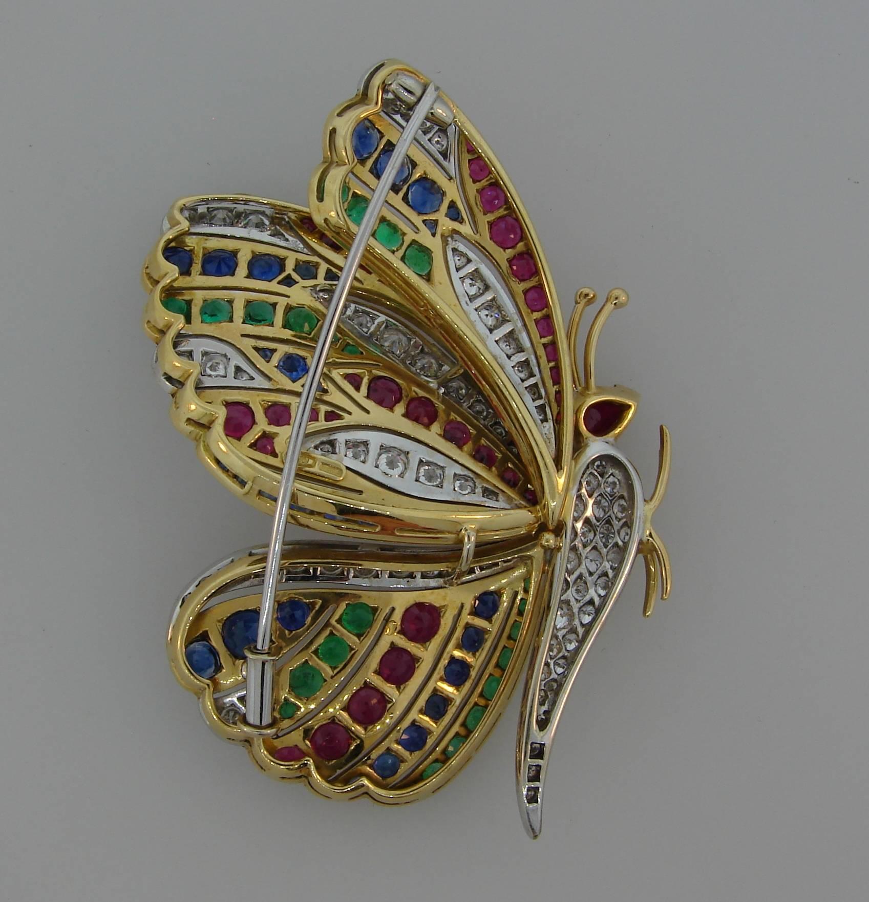 Women's 1980s Diamond Ruby Sapphire Emerald Gold Butterfly Pin Brooch Clip