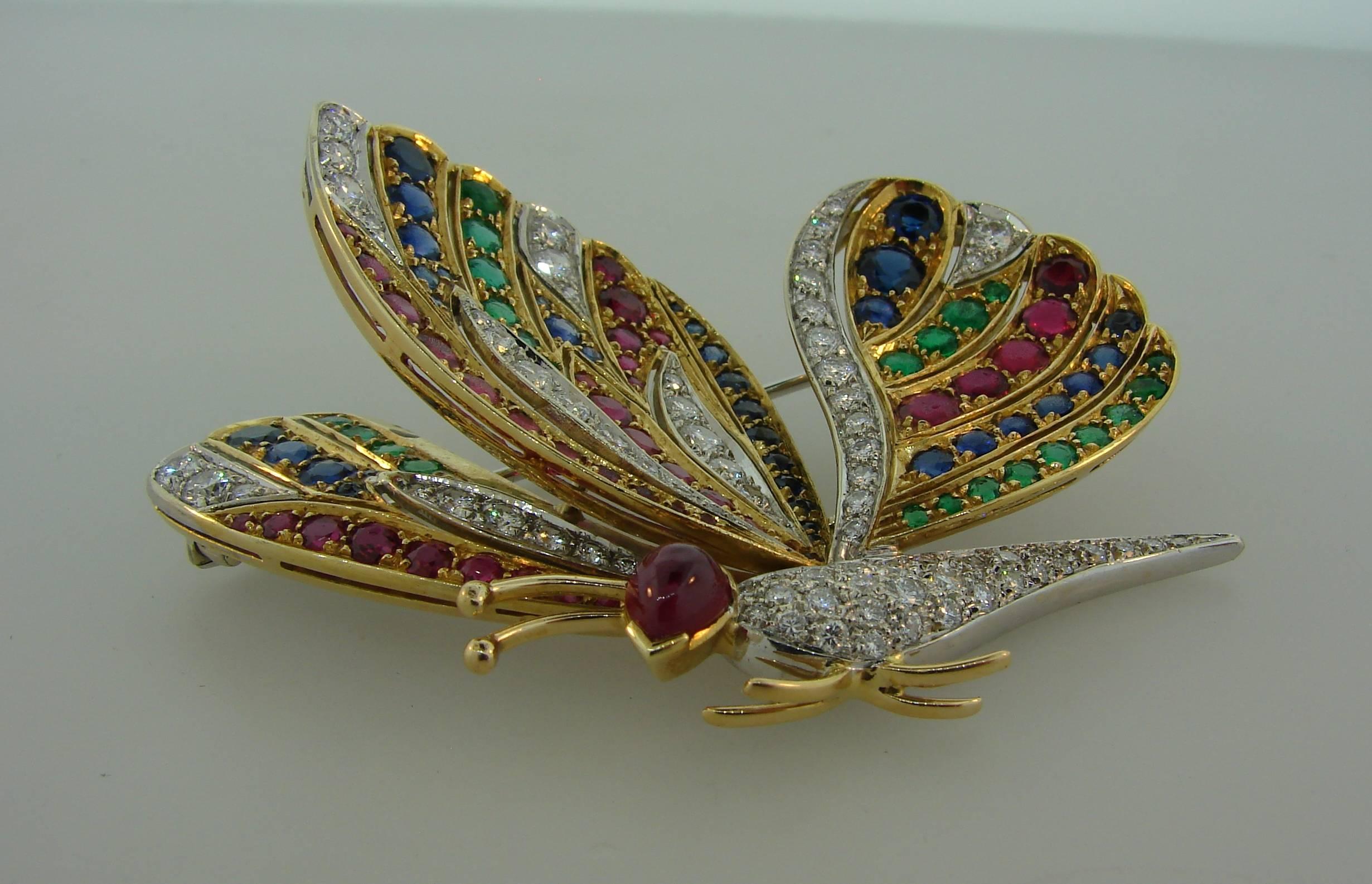 1980s Diamond Ruby Sapphire Emerald Gold Butterfly Pin Brooch Clip 2