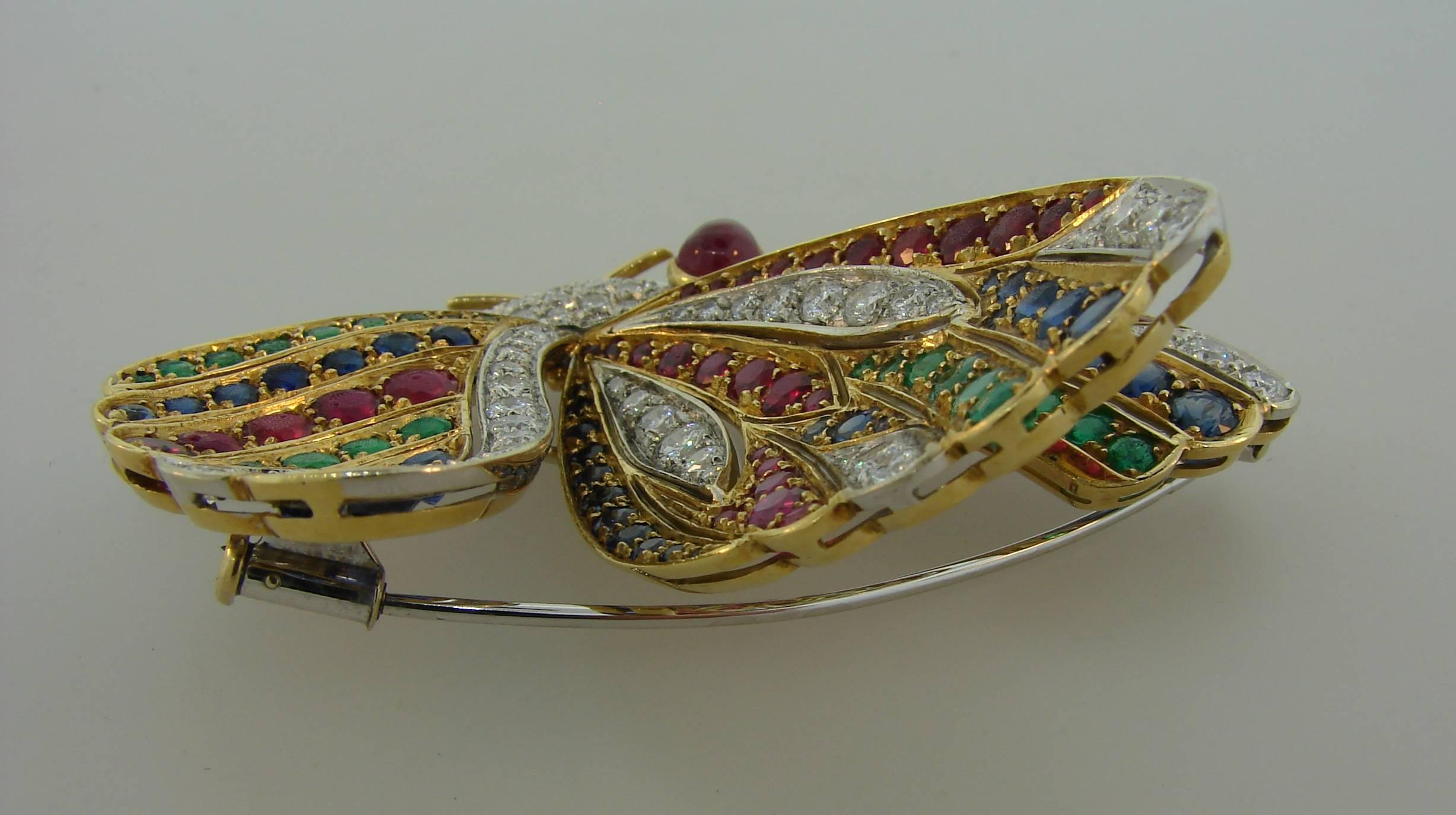 1980s Diamond Ruby Sapphire Emerald Gold Butterfly Pin Brooch Clip 1