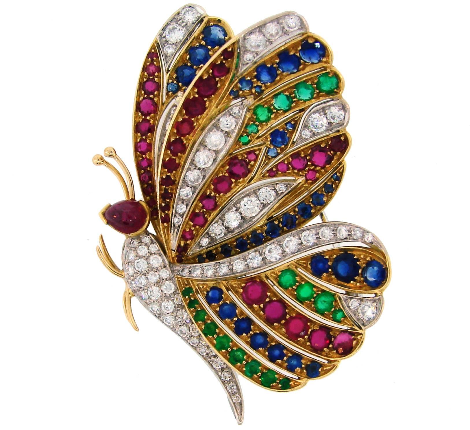 1980s Diamond Ruby Sapphire Emerald Gold Butterfly Pin Brooch Clip