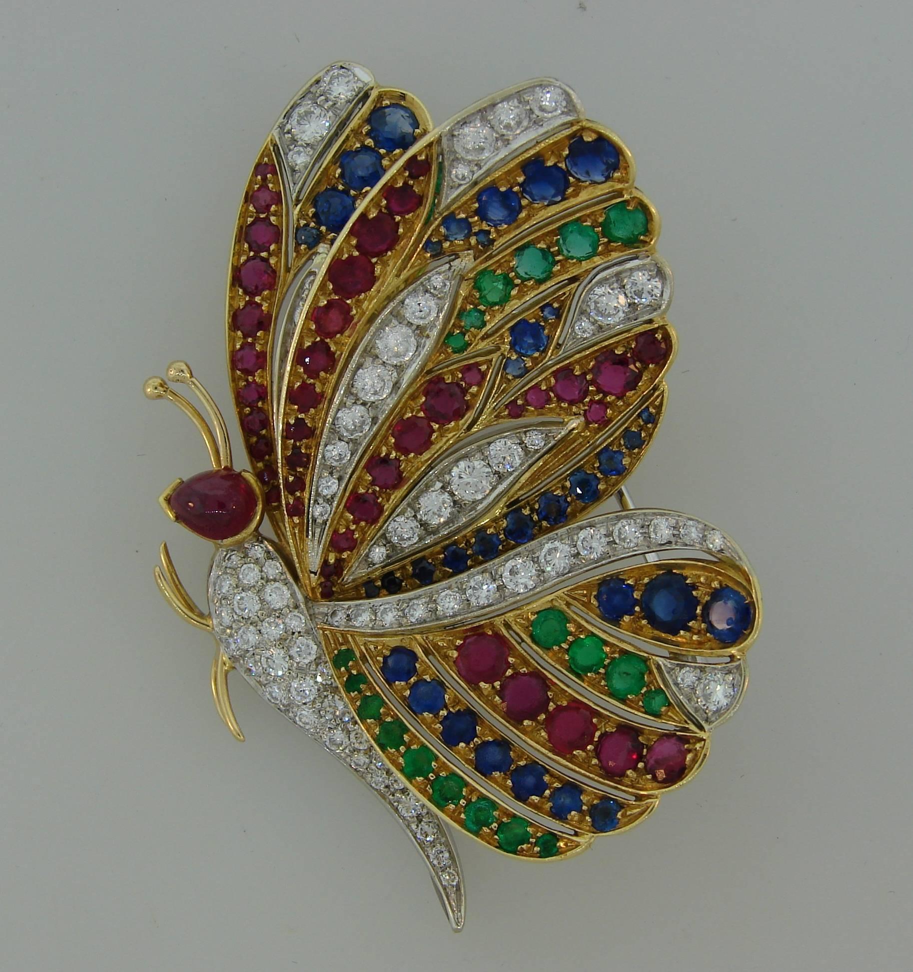 1980s Diamond Ruby Sapphire Emerald Gold Butterfly Pin Brooch Clip In Excellent Condition In Beverly Hills, CA