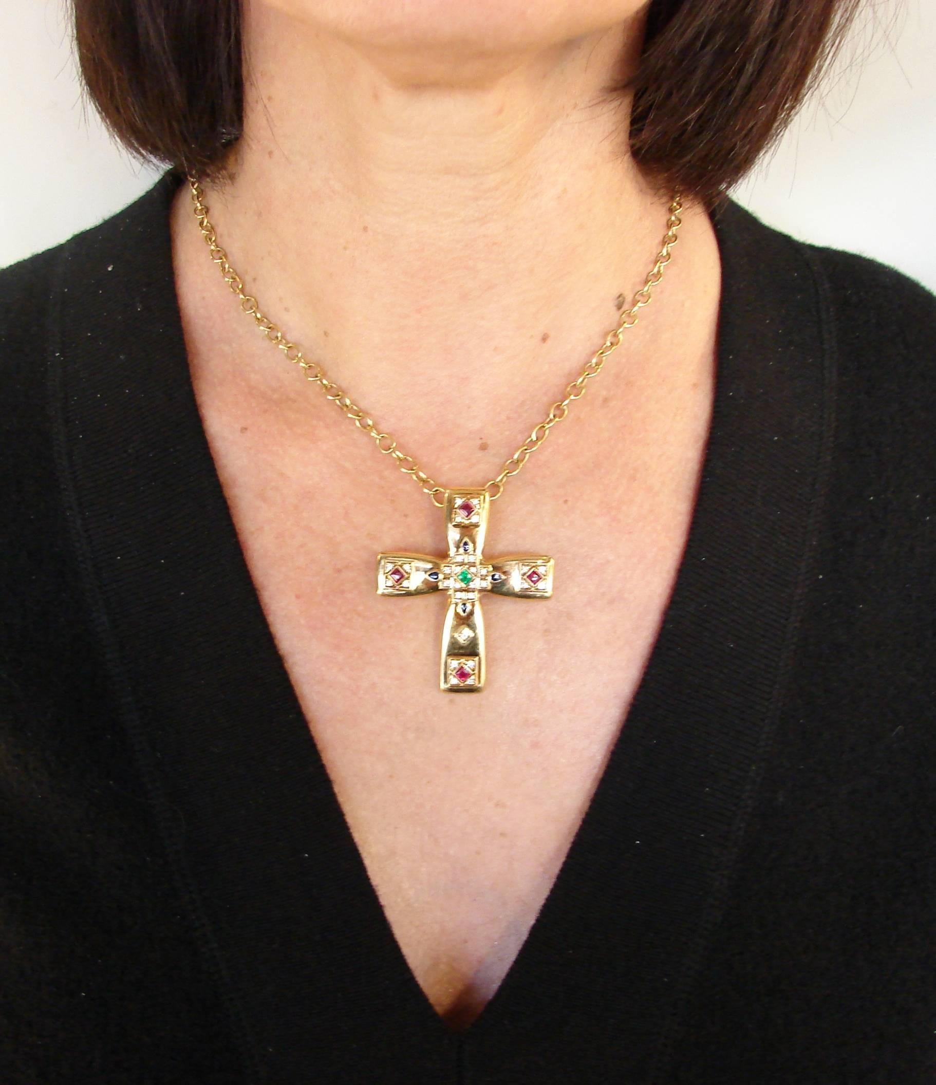 1993 CARTIER Diamond Ruby Emerald Sapphire Gold Byzantine Cross Pendant Pin Clip 2