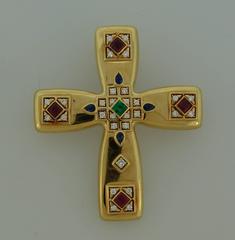 1993 CARTIER Diamond Ruby Emerald Sapphire Gold Byzantine Cross Pendant Pin Clip
