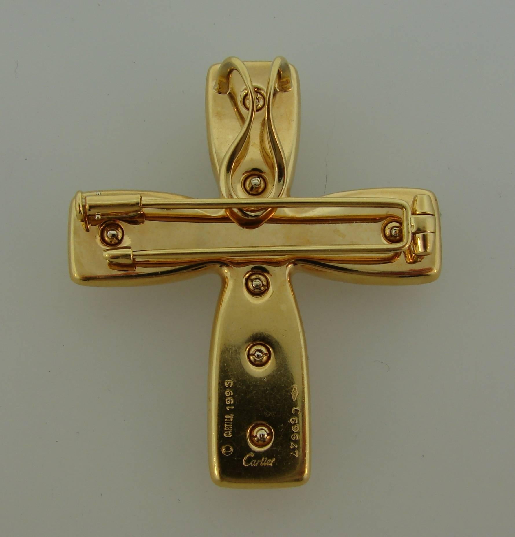 Women's or Men's 1993 CARTIER Diamond Ruby Emerald Sapphire Gold Byzantine Cross Pendant Pin Clip