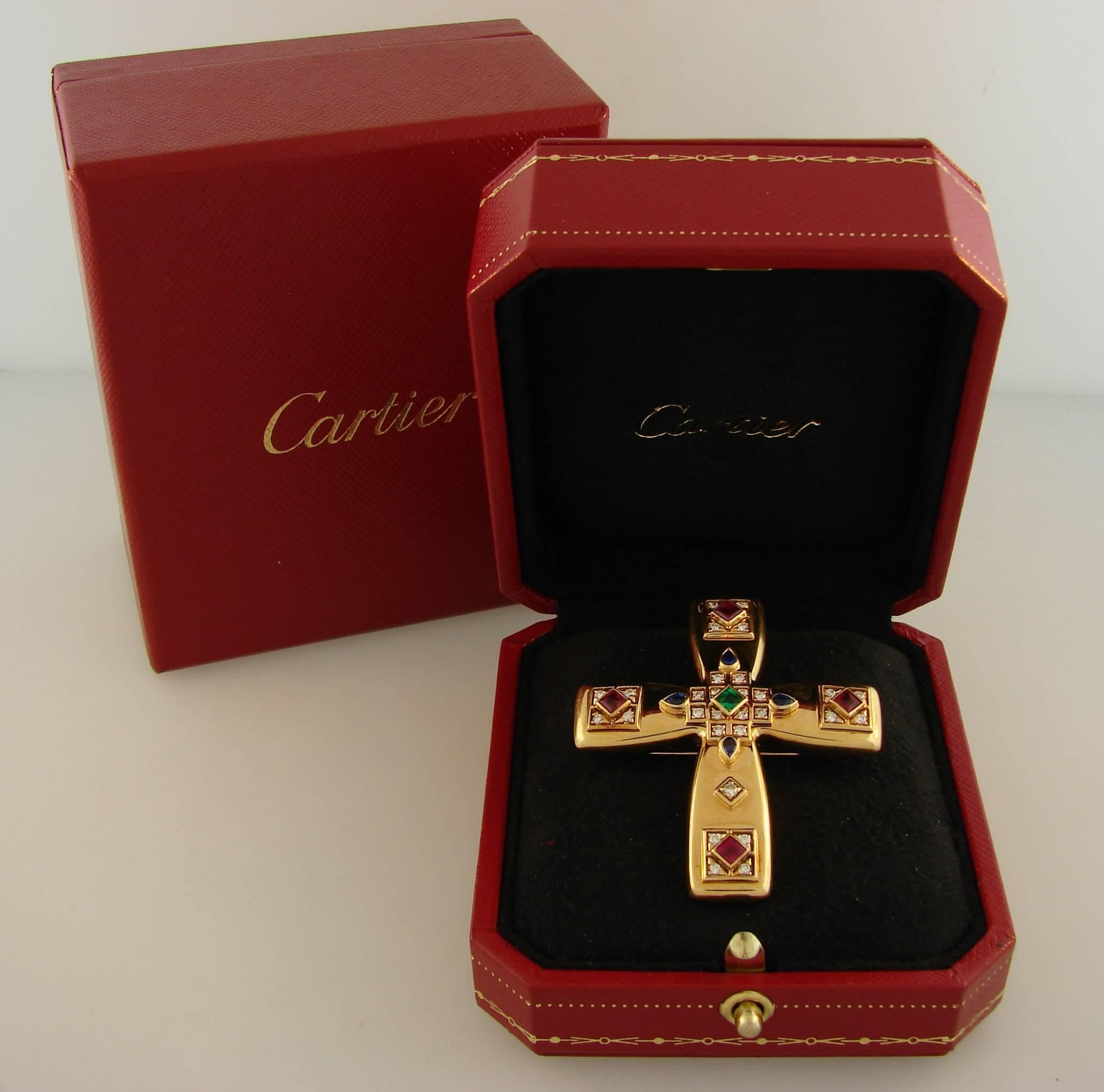 1993 CARTIER Diamond Ruby Emerald Sapphire Gold Byzantine Cross Pendant Pin Clip 3
