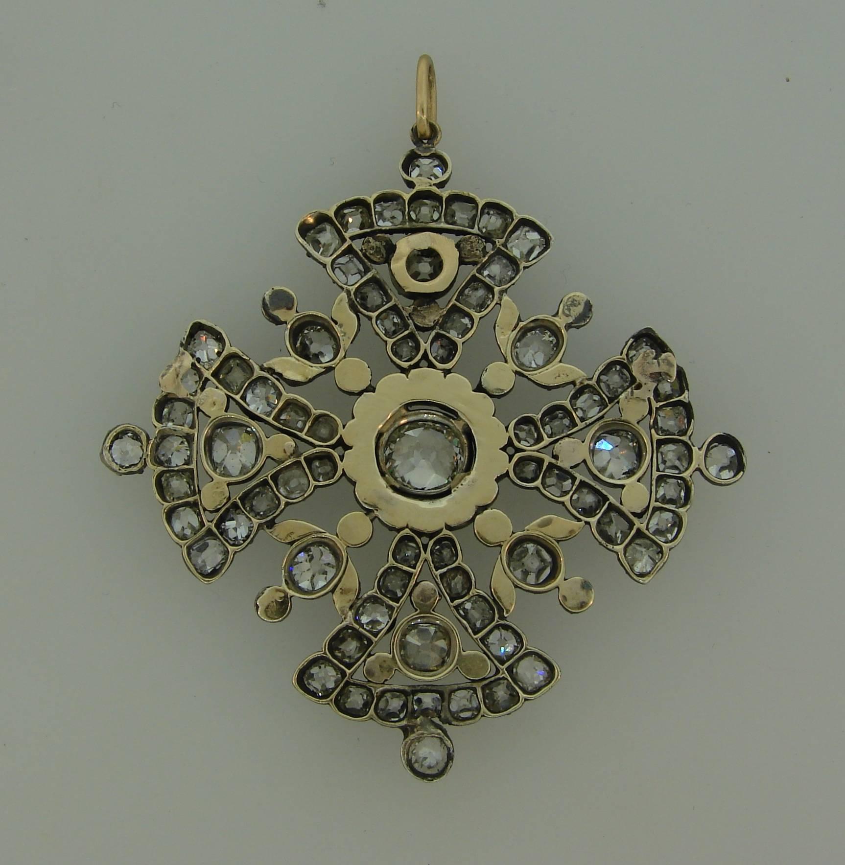 Georgian Diamond Silver Gold Maltese Cross Pendant In Excellent Condition In Beverly Hills, CA