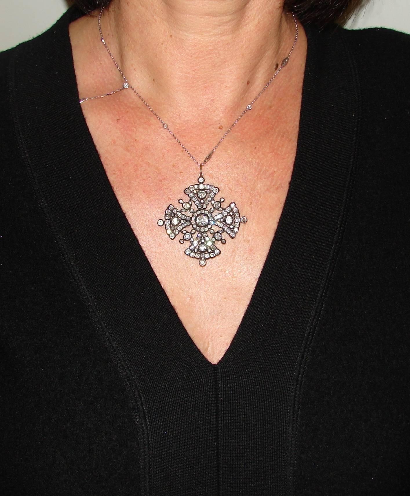 Women's Georgian Diamond Silver Gold Maltese Cross Pendant