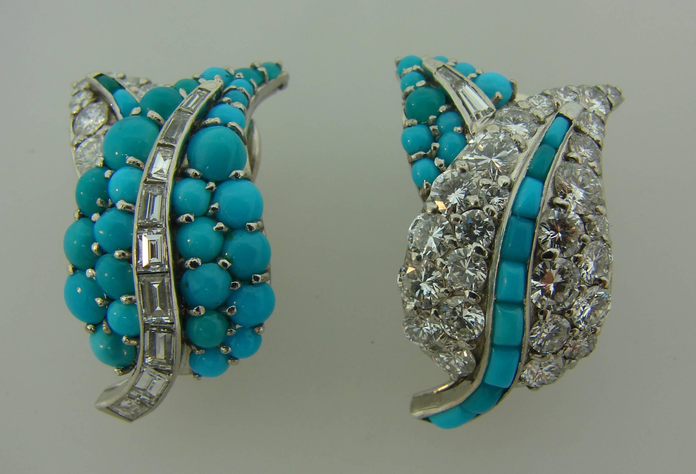 1950s Turquoise Diamond Platinum Earrings In Excellent Condition In Beverly Hills, CA
