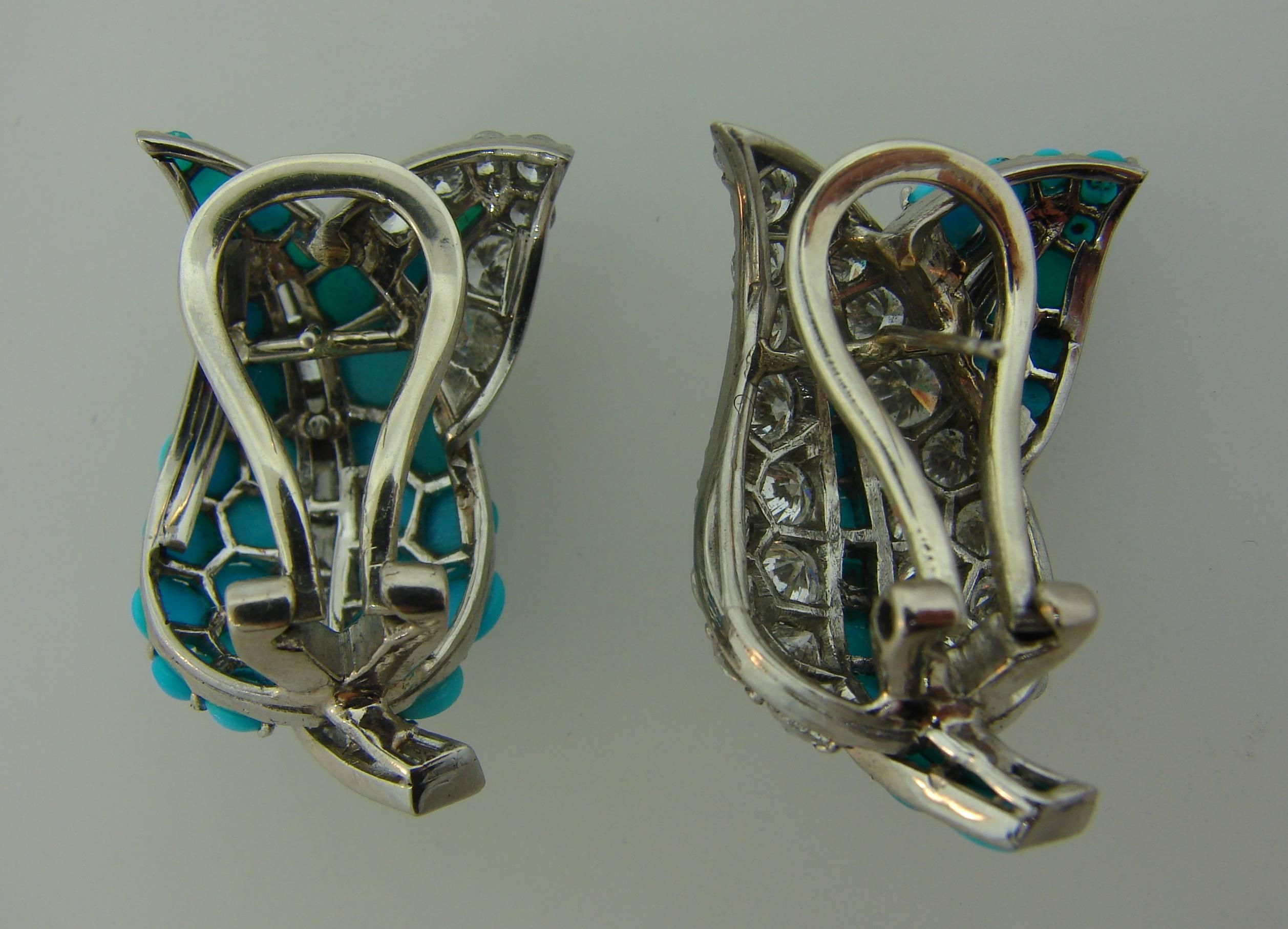 1950s Turquoise Diamond Platinum Earrings 1