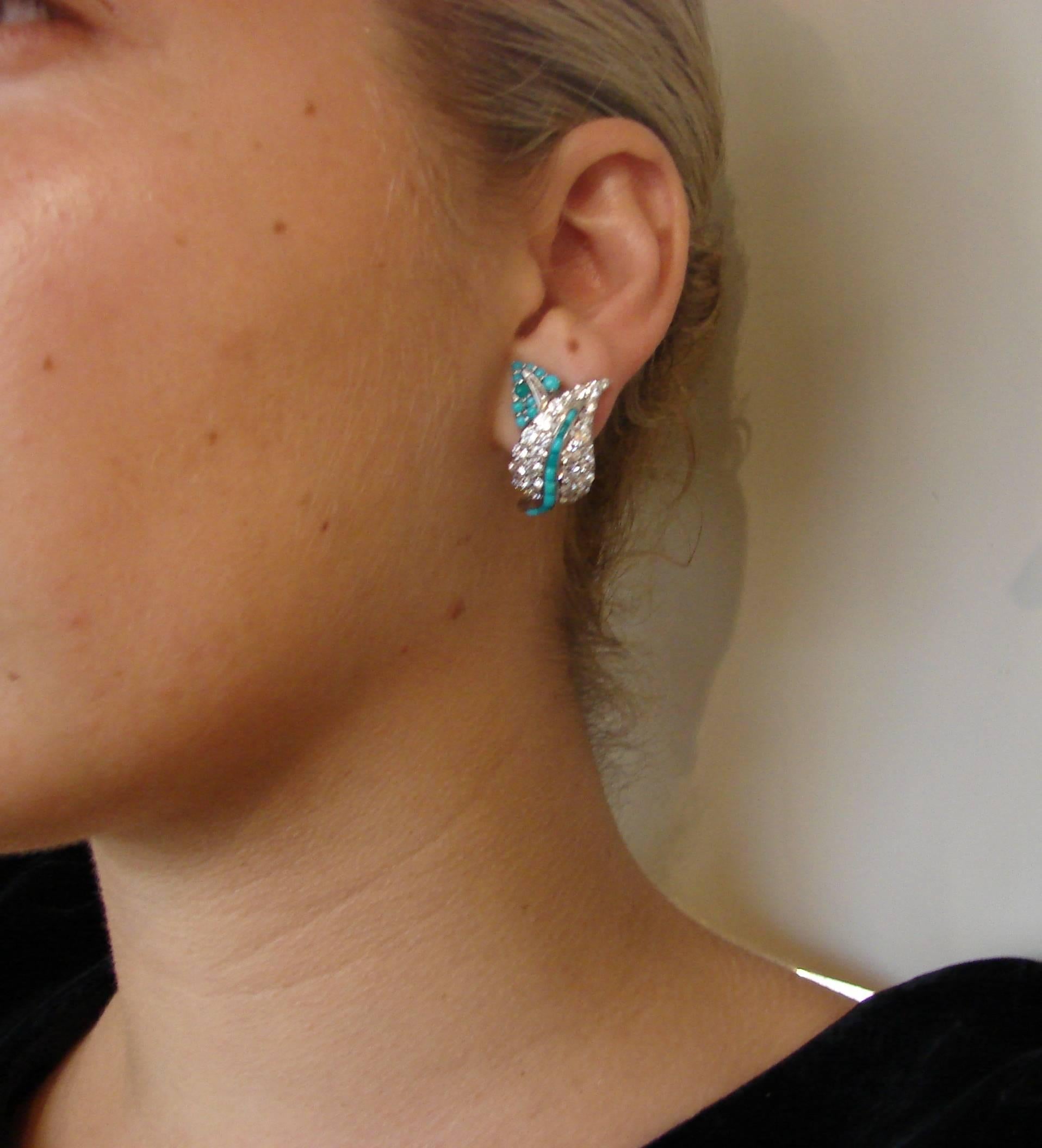 1950s Turquoise Diamond Platinum Earrings 2