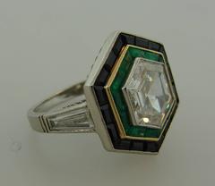Art Deco Revival Hexagon Shaped Diamond Emerald Black Onyx Platinum Ring