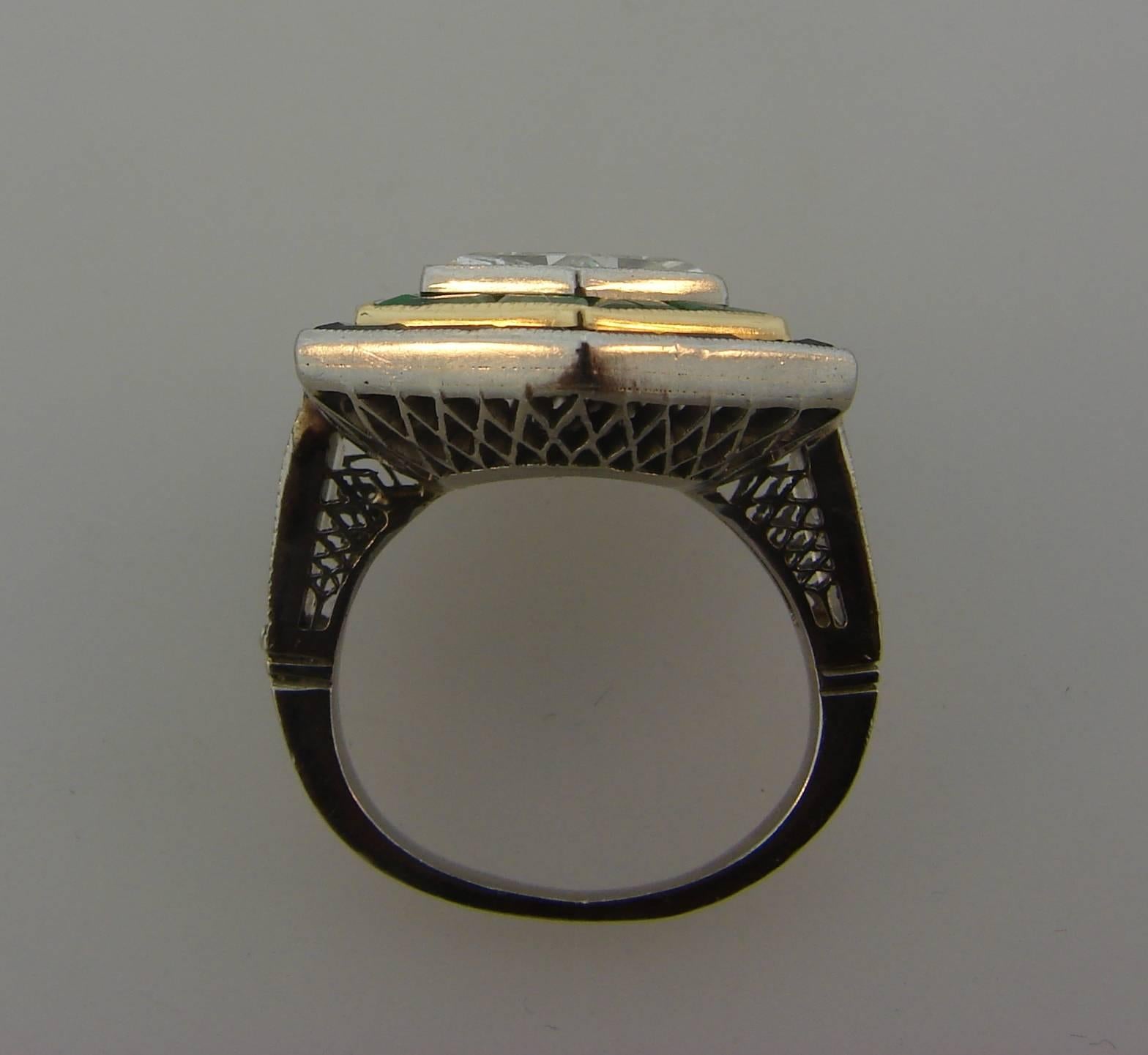 Art Deco Revival Hexagon Shaped Diamond Emerald Black Onyx Platinum Ring In Excellent Condition In Beverly Hills, CA