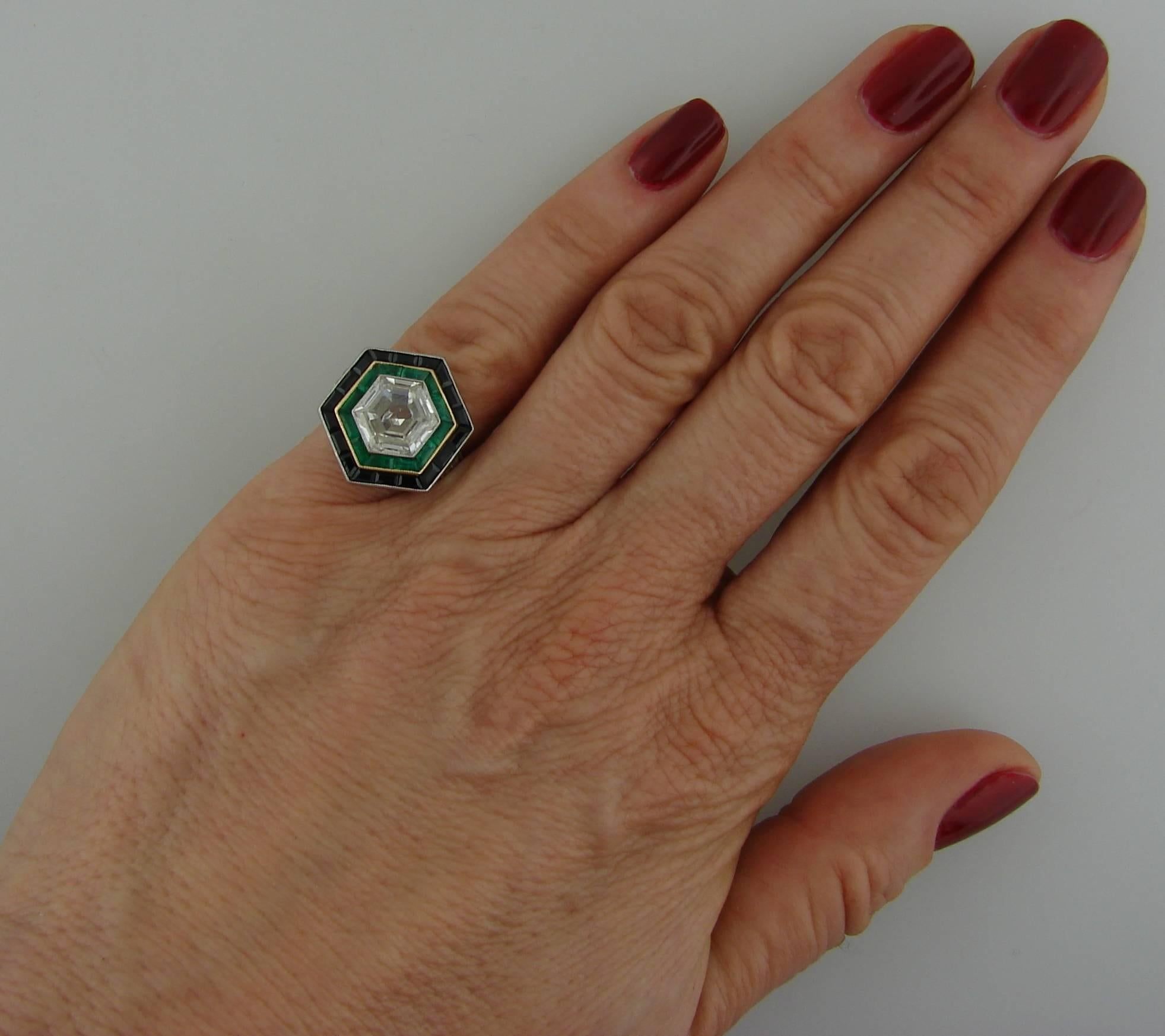 Art Deco Revival Hexagon Shaped Diamond Emerald Black Onyx Platinum Ring 2