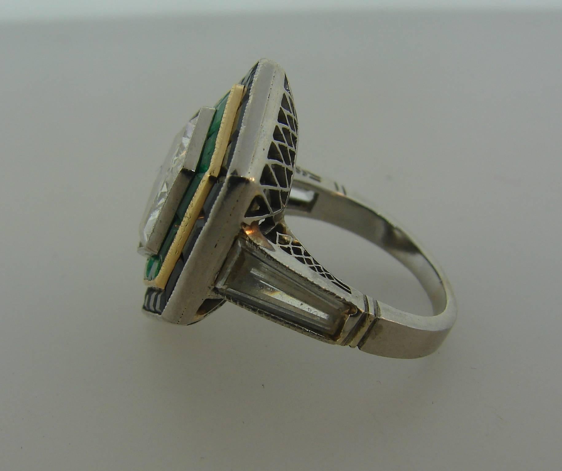Women's Art Deco Revival Hexagon Shaped Diamond Emerald Black Onyx Platinum Ring