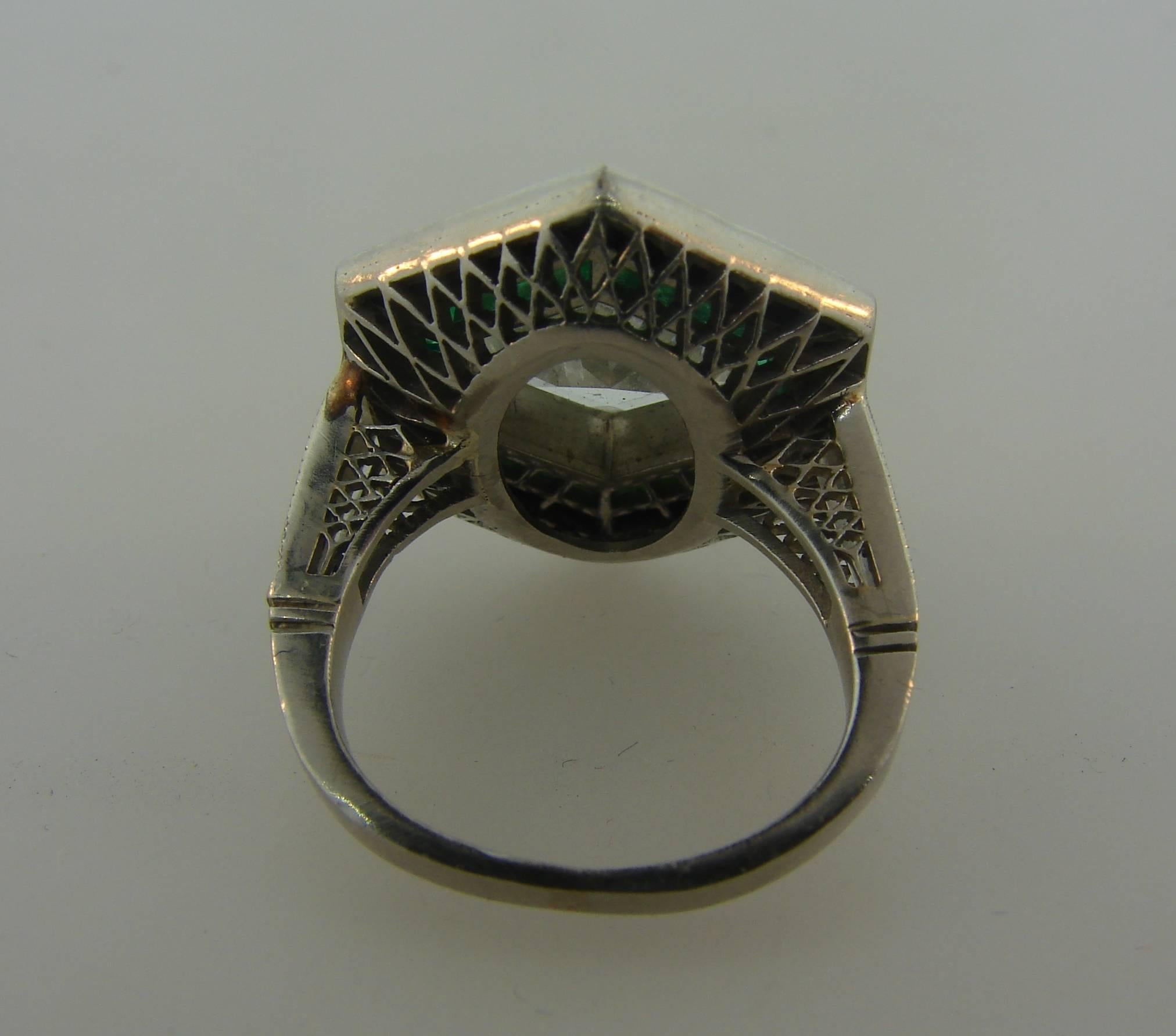 Art Deco Revival Hexagon Shaped Diamond Emerald Black Onyx Platinum Ring 1