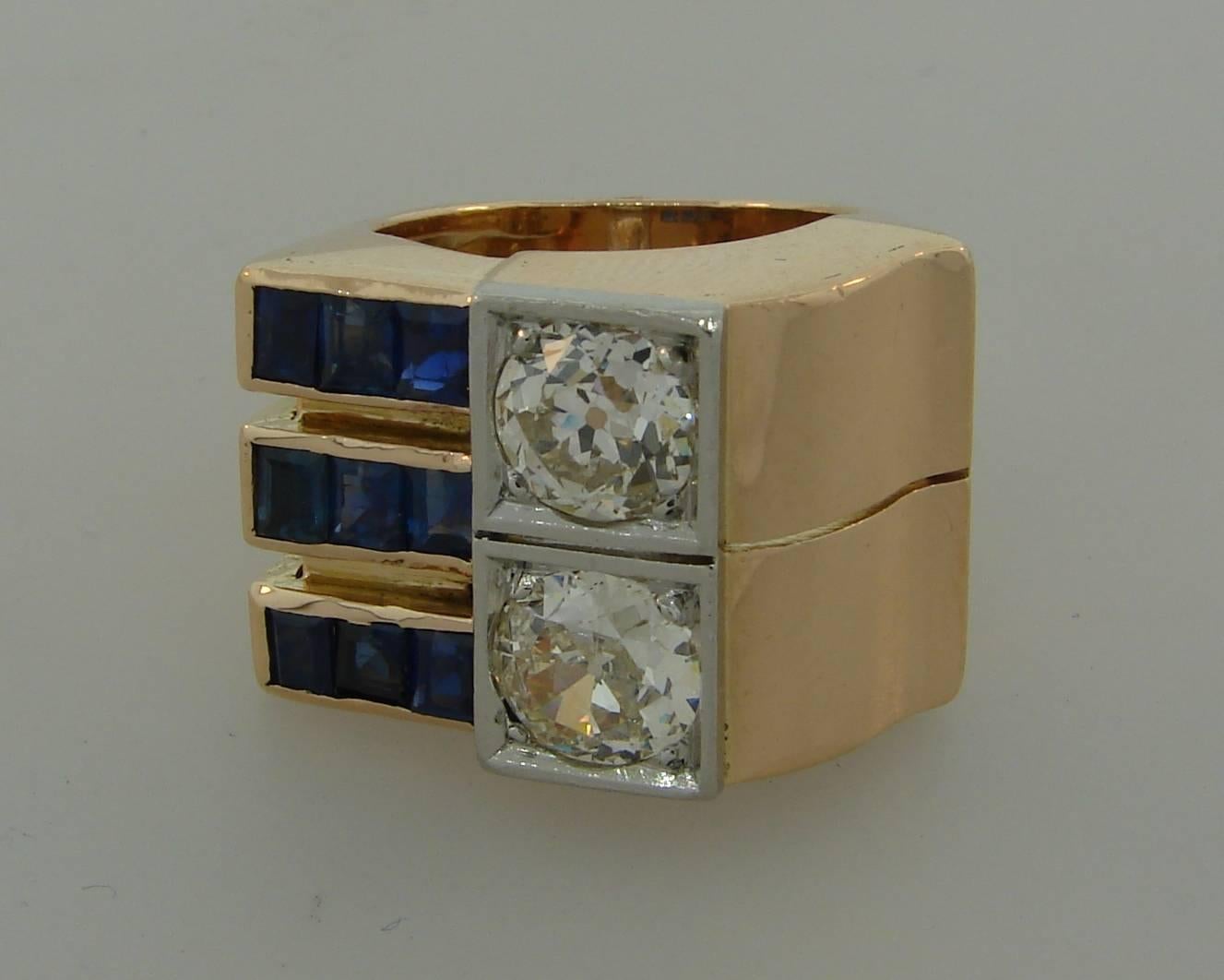 Old European Cut Diamond Sapphire Rose Gold Retro Ring, 1940s