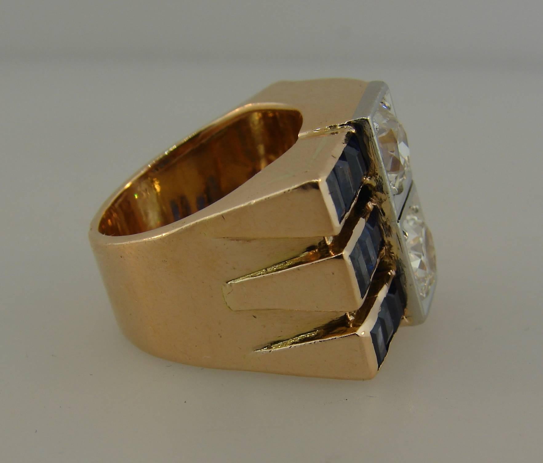 Diamond Sapphire Rose Gold Retro Ring, 1940s In Excellent Condition In Beverly Hills, CA