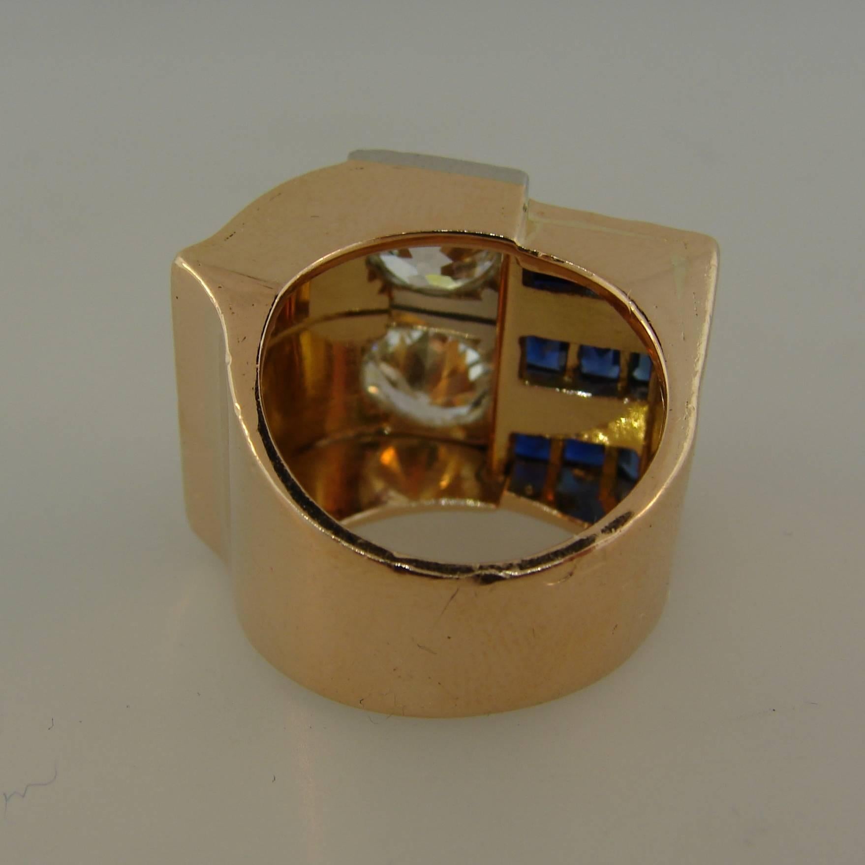 Diamond Sapphire Rose Gold Retro Ring, 1940s 2