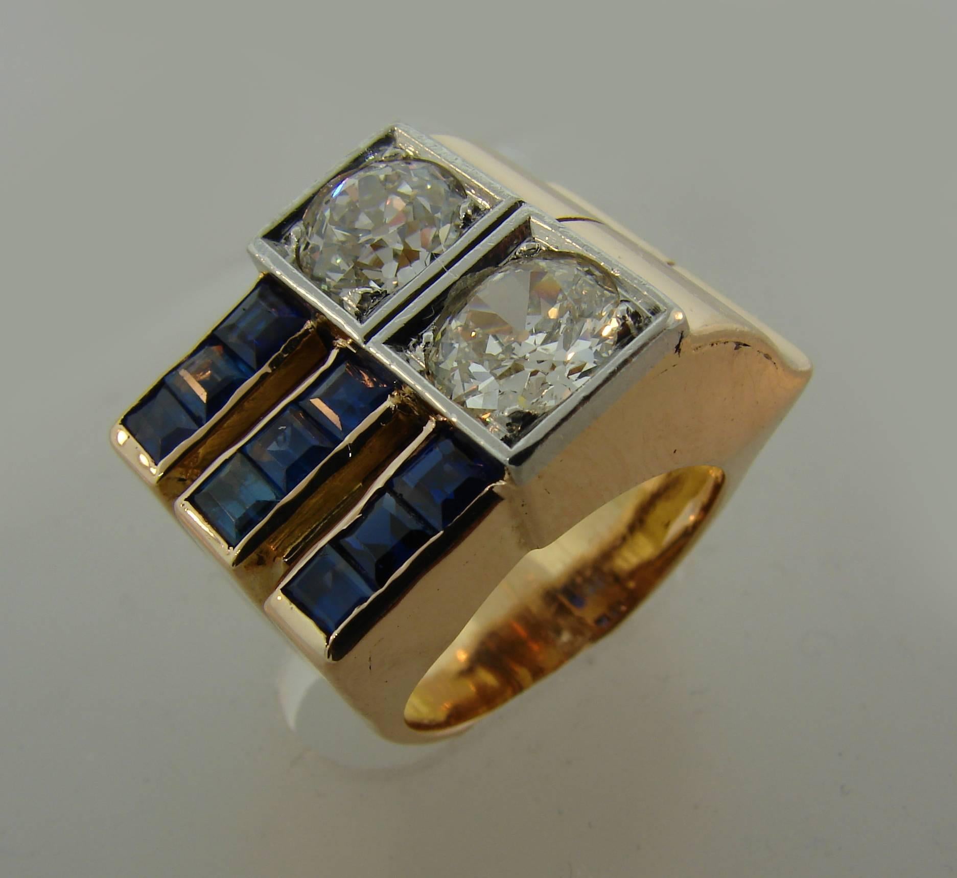 Diamond Sapphire Rose Gold Retro Ring, 1940s 3