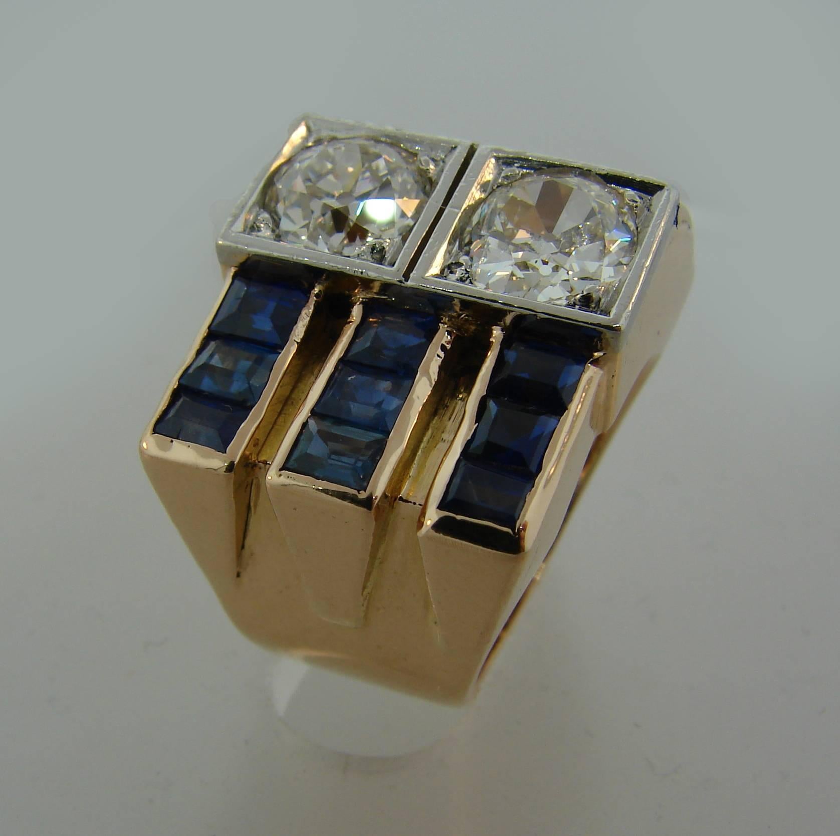 Diamond Sapphire Rose Gold Retro Ring, 1940s 4