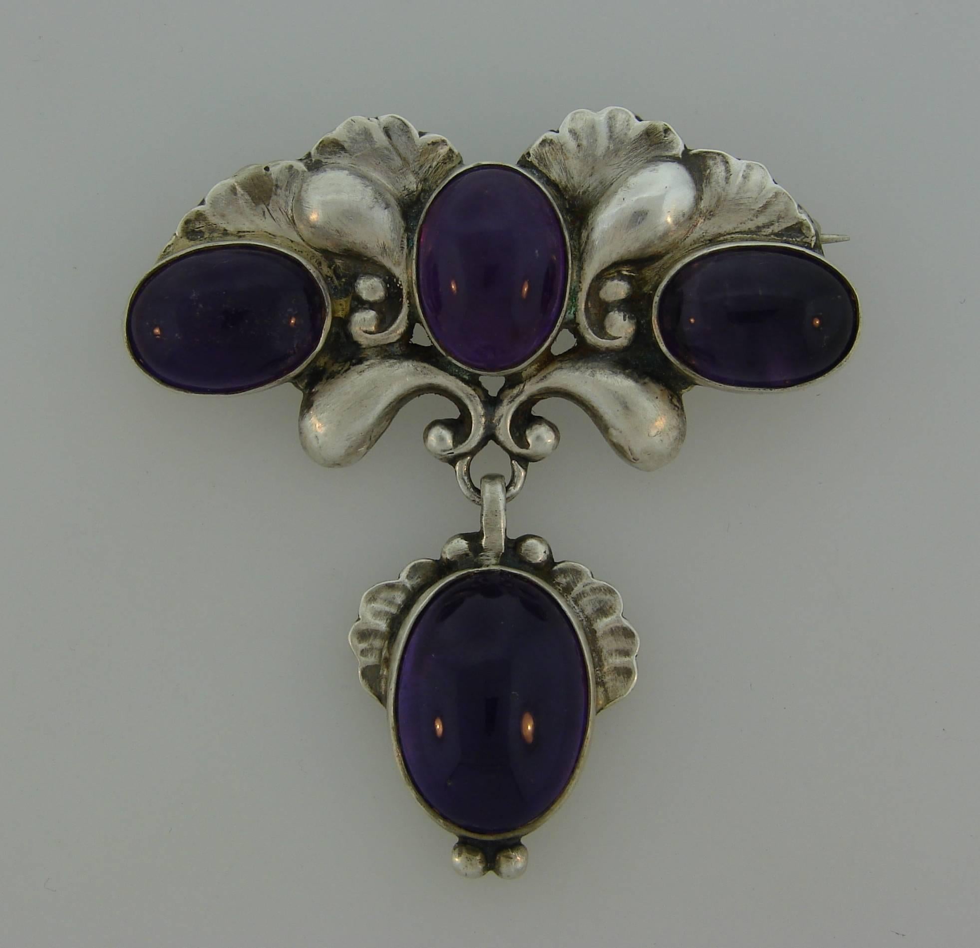 Georg Jensen Amethyst Sterling Silver Pin Brooch Clip In Excellent Condition In Beverly Hills, CA