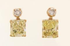 Fancy Yellow GIA and White Diamond Gold Two-Stone Stud Drop Earrings