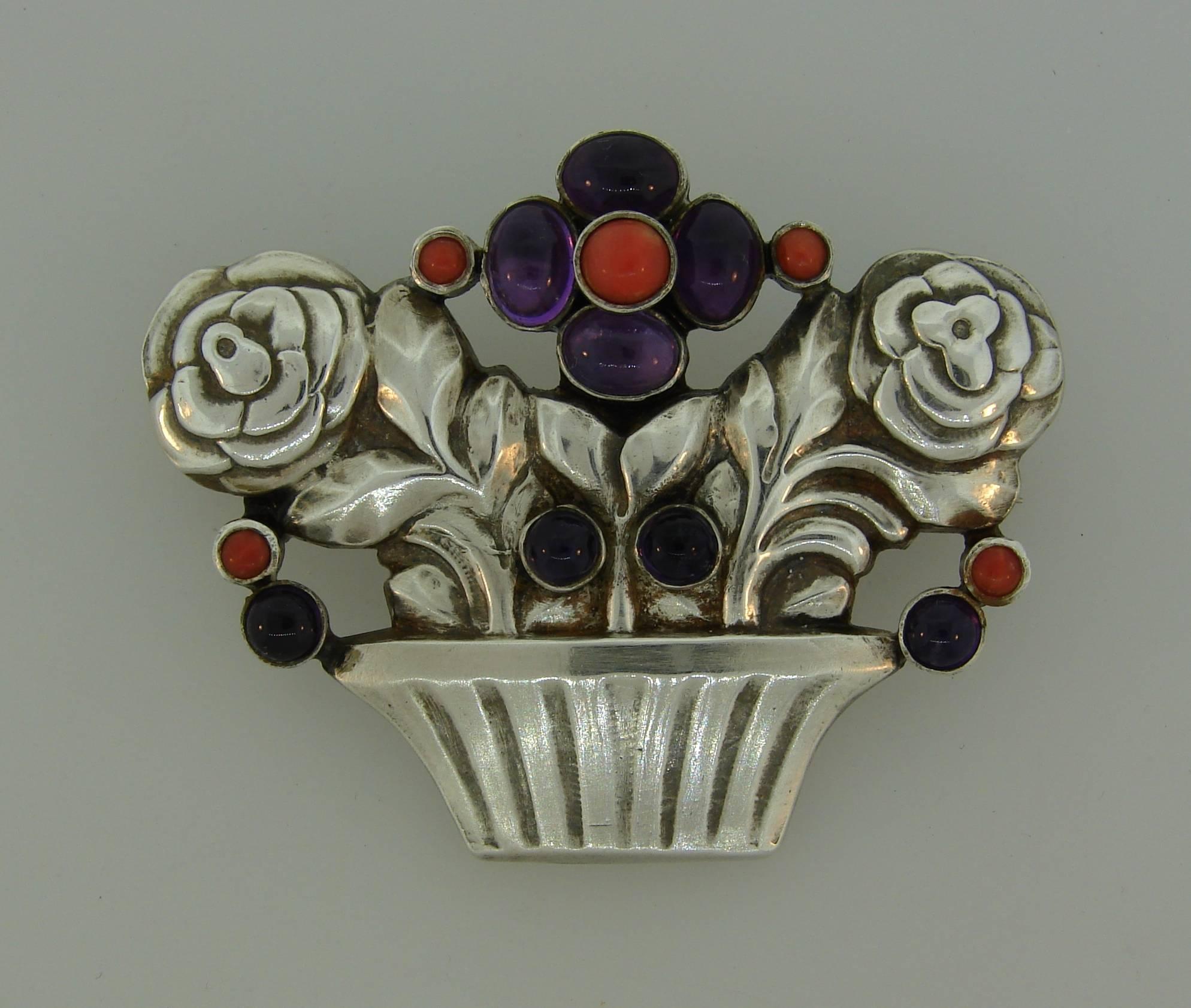 Georg Jensen Amethyst Coral Silver Flower Basket Pin Brooch Clip In Excellent Condition In Beverly Hills, CA