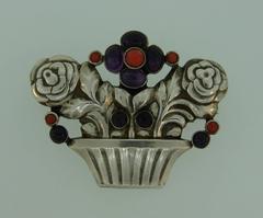 Georg Jensen Amethyst Coral Silver Flower Basket Pin Brooch Clip